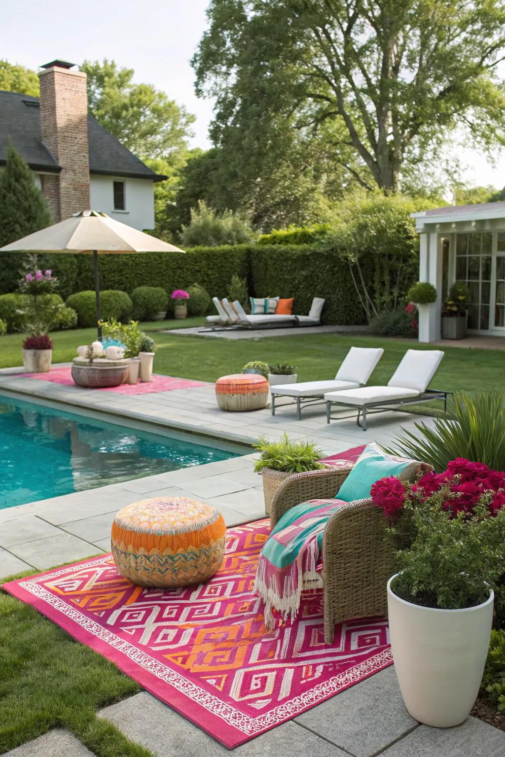 Vibrant outdoor rugs add color and define the poolside space.