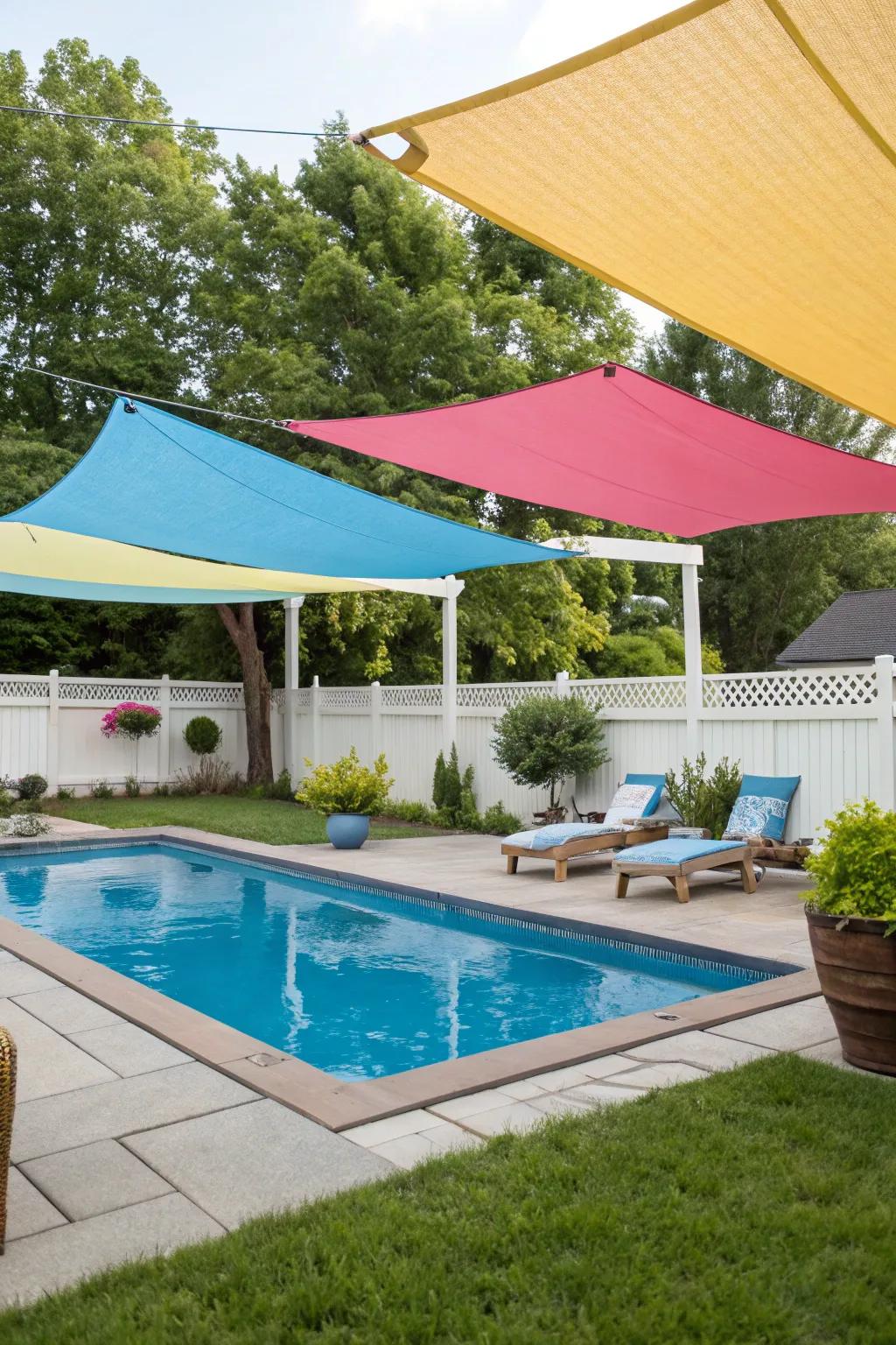 Shade sails offer modern and flexible shading options for poolside comfort.