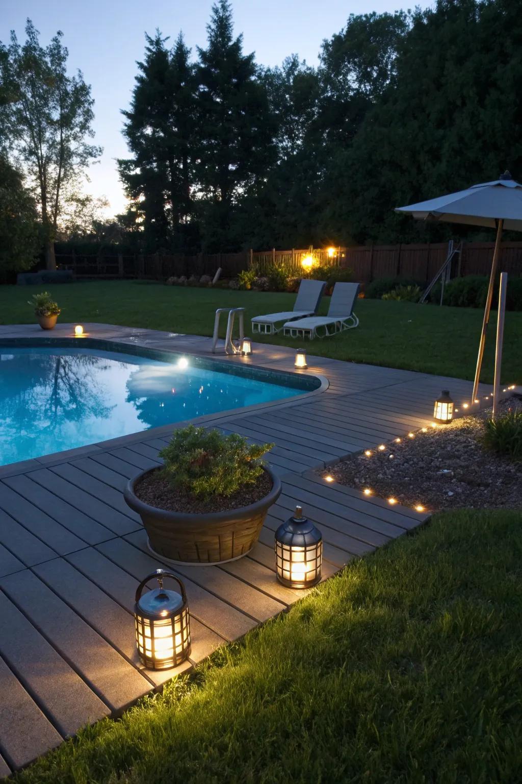 Solar-powered lights provide sustainable and beautiful illumination for the pool area.