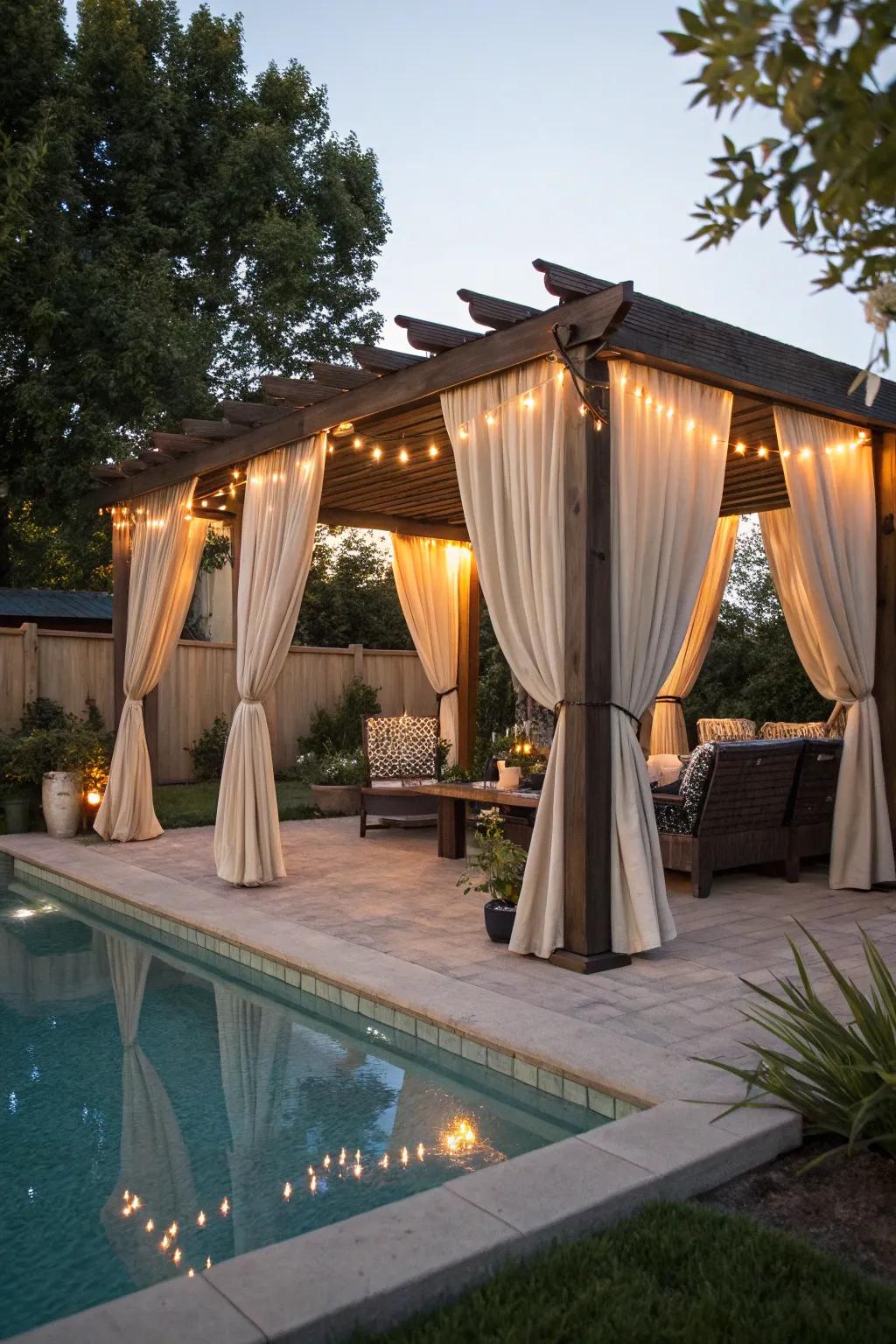 A pergola provides stylish shade and a cozy place to relax by the pool.