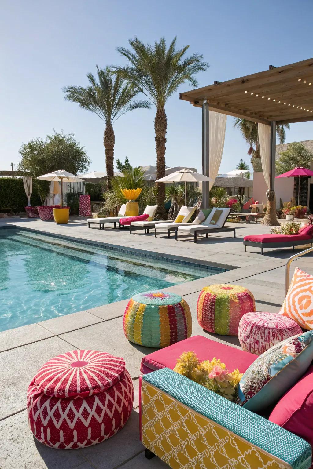 Bold color accents add personality and vibrancy to the poolside area.
