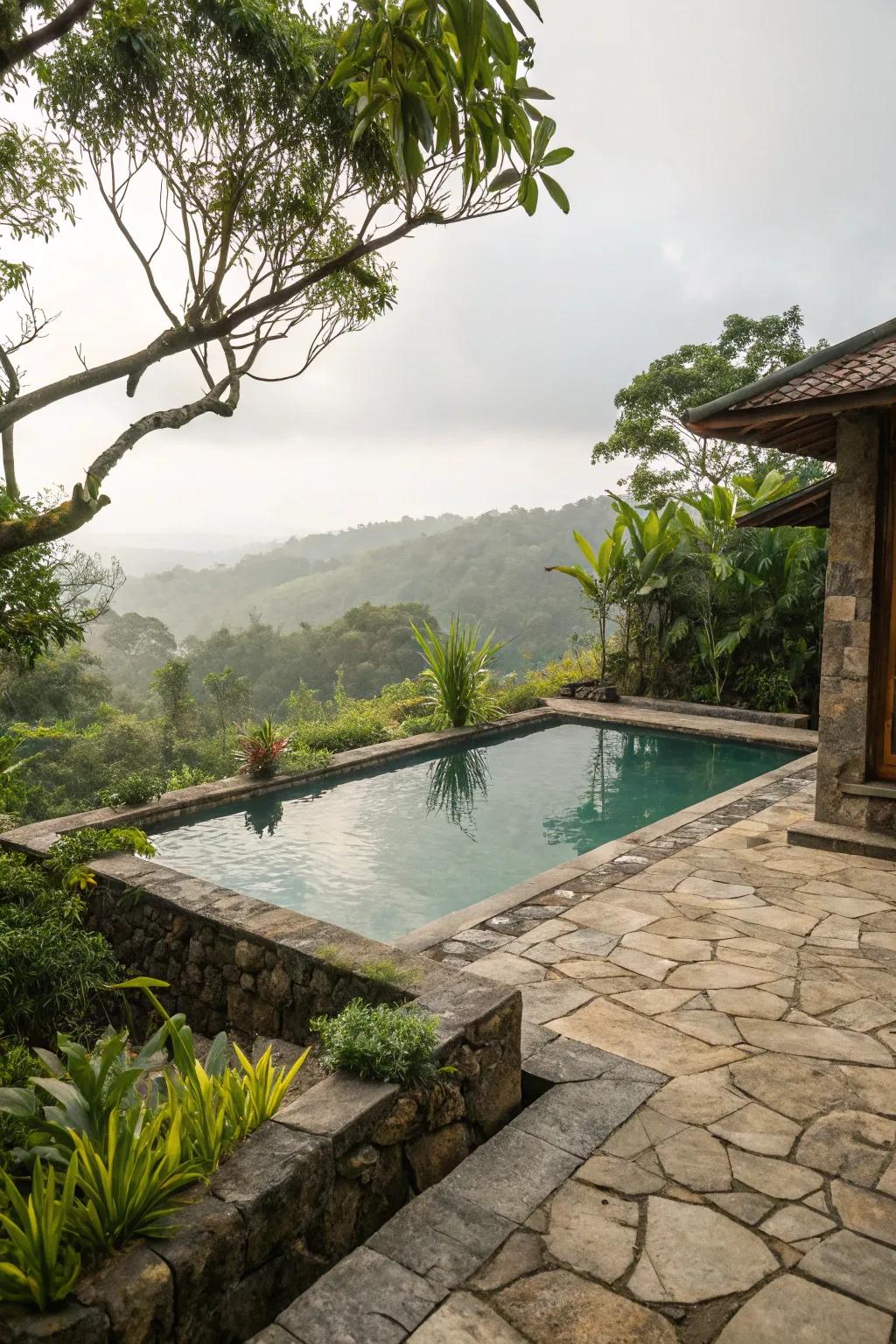 Natural stone elements add rustic elegance to the poolside area.