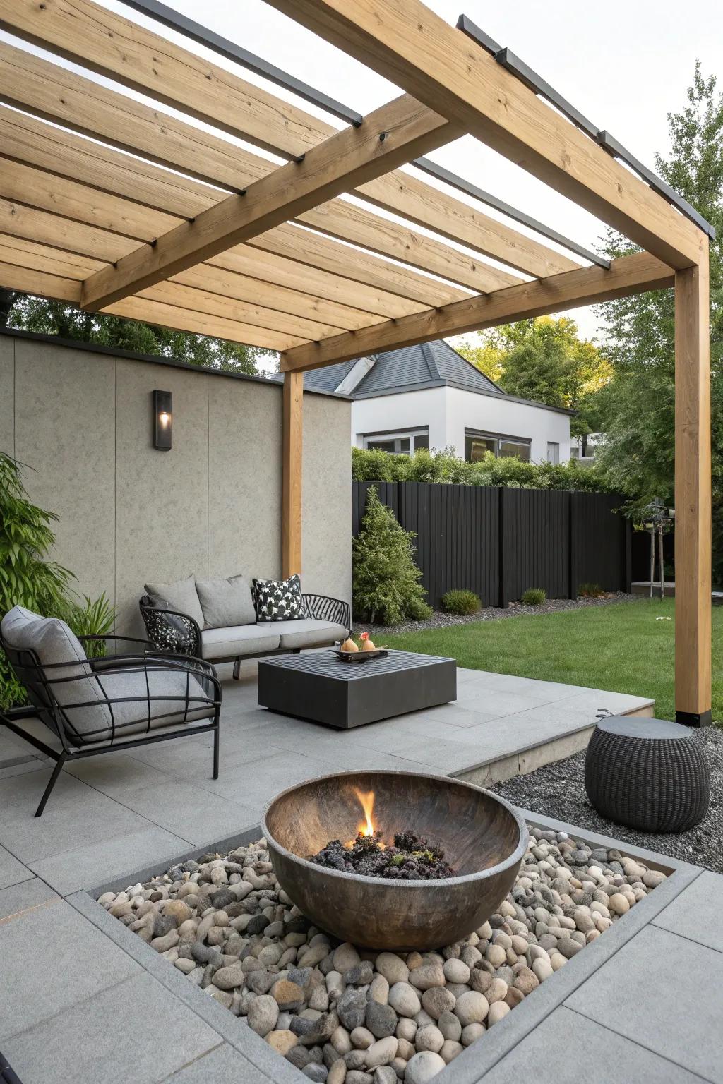 Sleek and modern: a minimalist pergola with a metal fire pit.