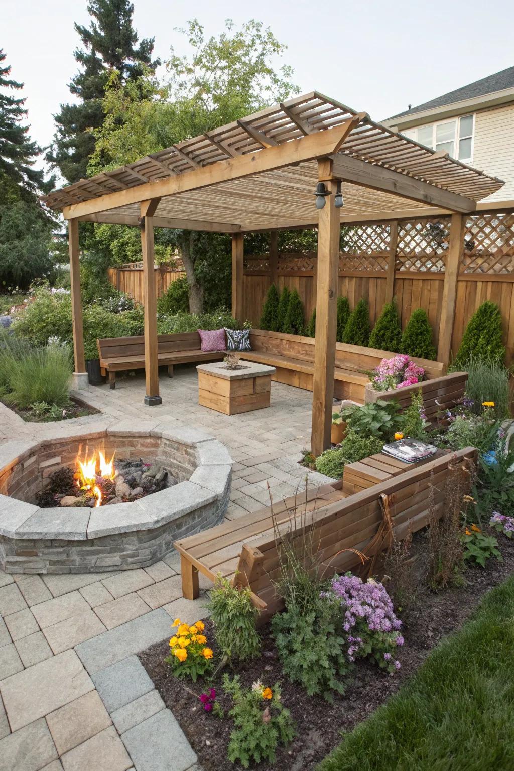 Built-in seating adds convenience and coziness under the pergola.