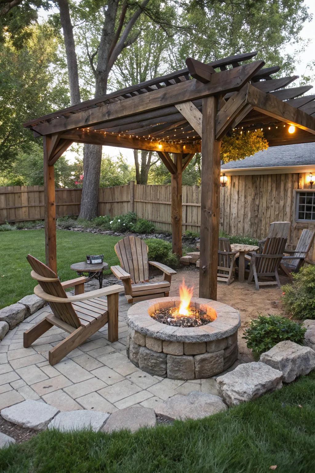 A rustic pergola with a stone fire pit invites warmth and charm.