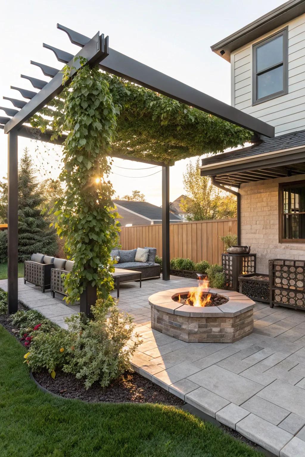 Adjustable louvers provide custom shade over your fire pit area.