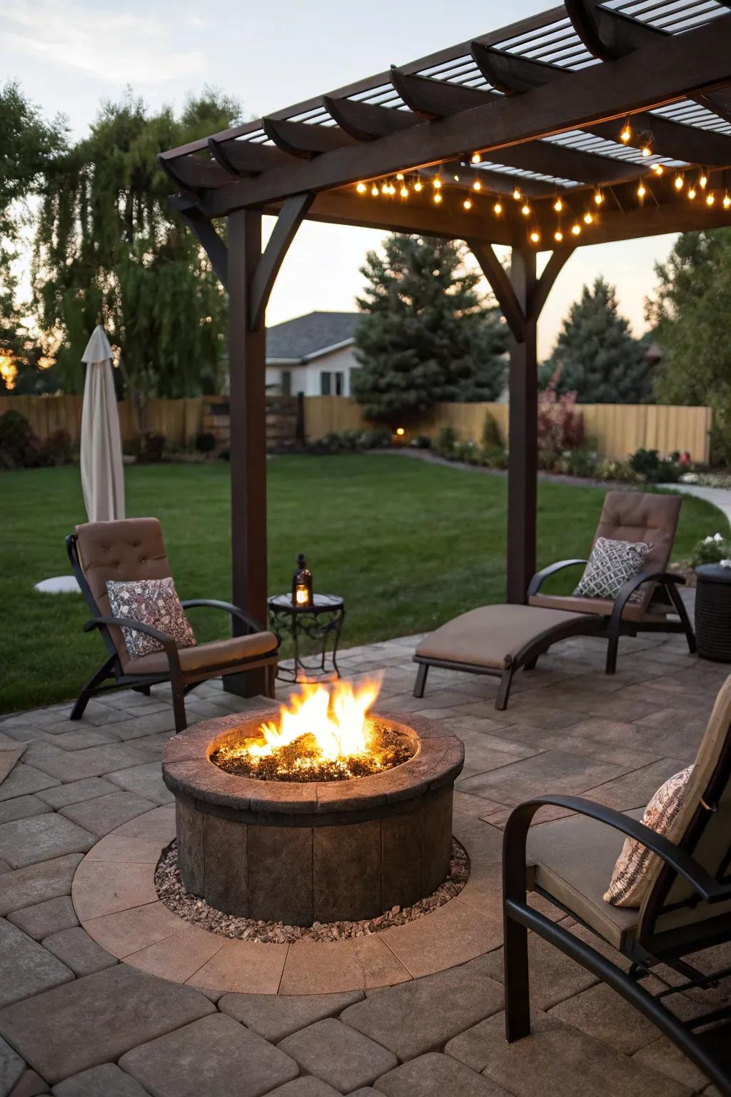 Portable fire pits offer flexibility and convenience under a pergola.