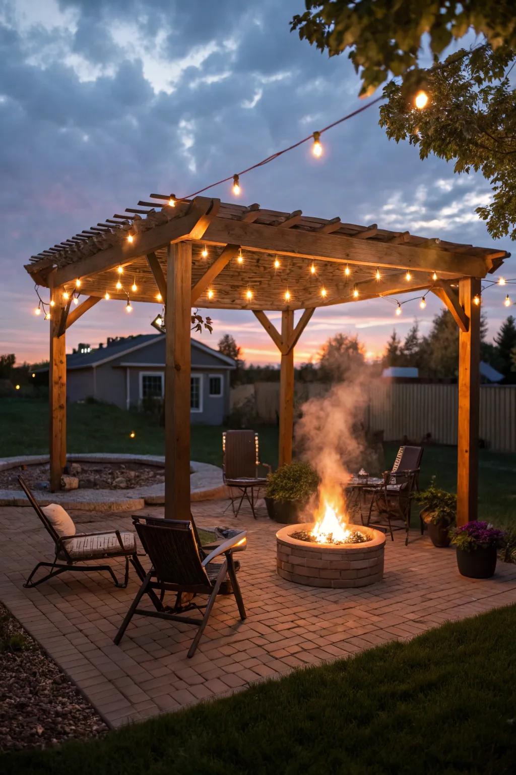 String lights cast a magical glow over a cozy fire pit setting.