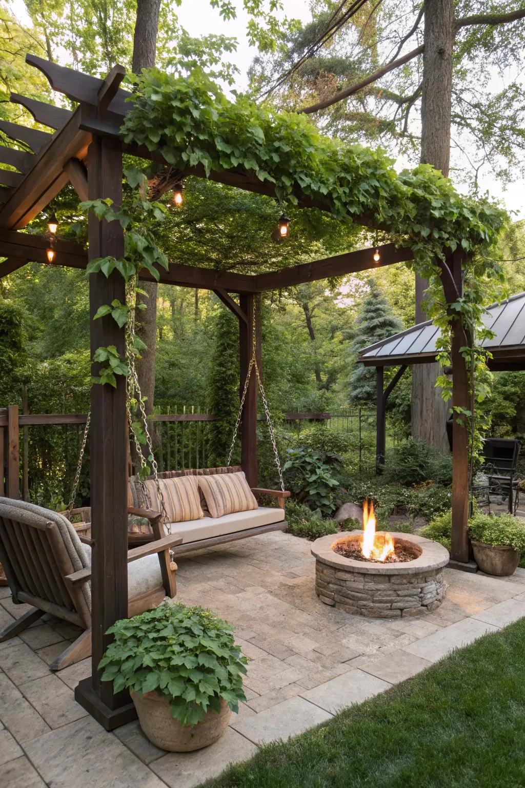 Swing seats add a playful charm to your pergola and fire pit area.