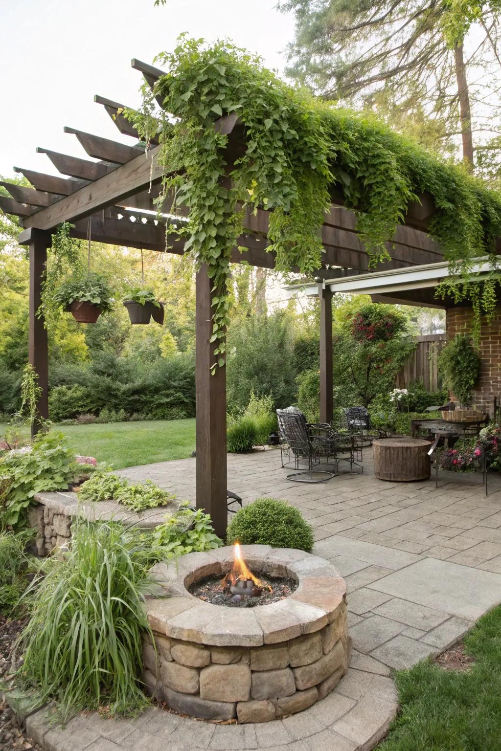 Create a lush vibe with hanging plants and a rustic fire pit.