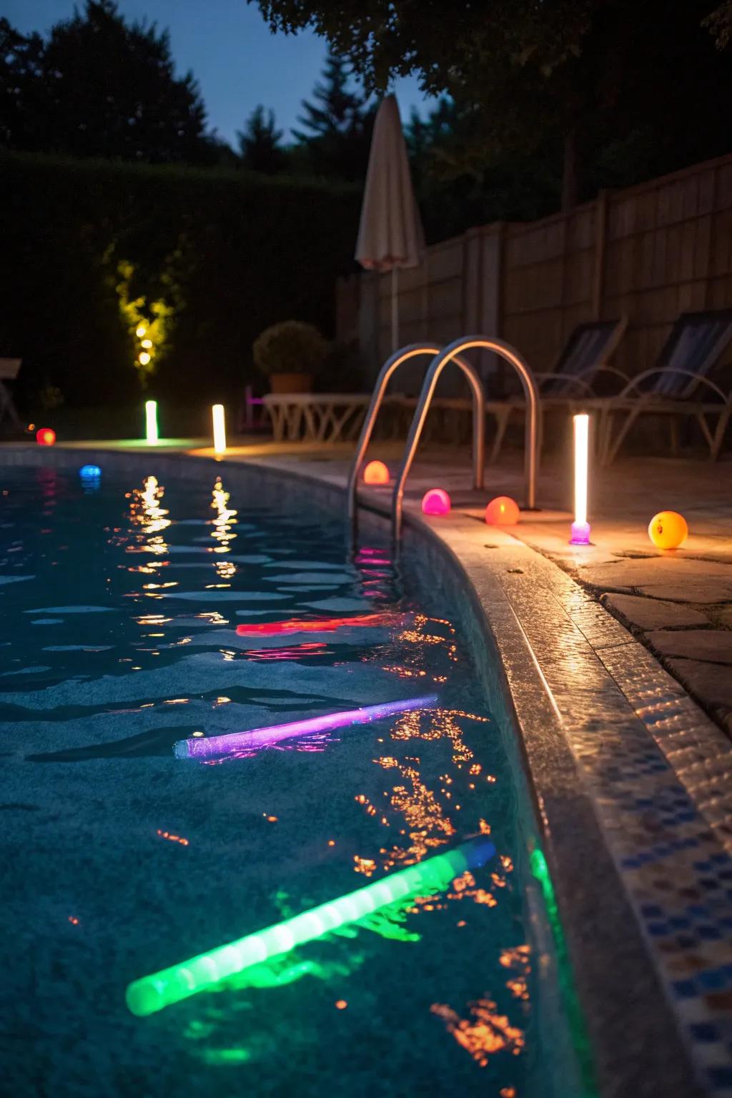 A pool aglow with vibrant colors sets the perfect party mood.