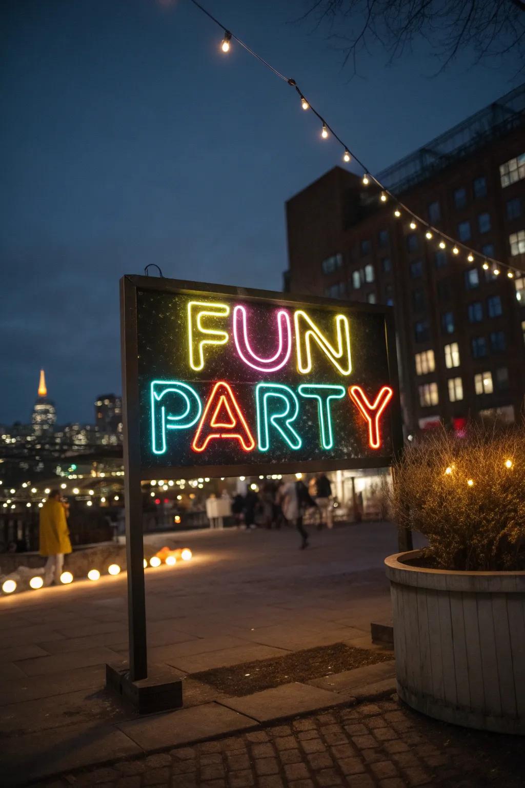 Neon signs make a bold statement and guide the party vibe.
