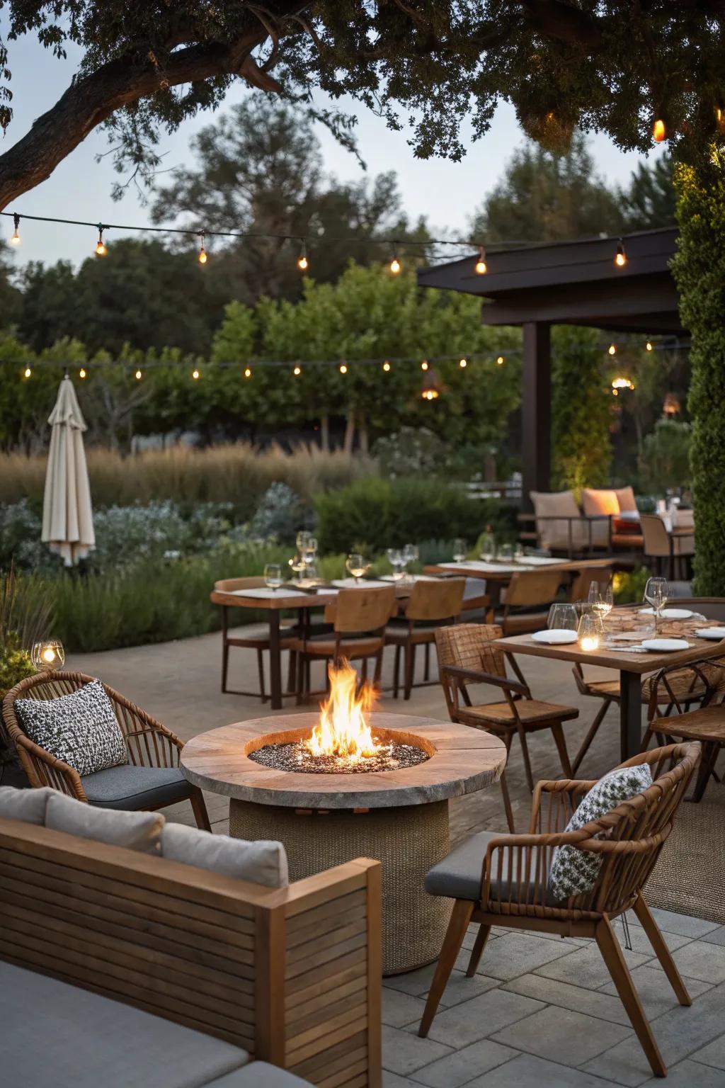 Warm up your dining space with a cozy fire pit.