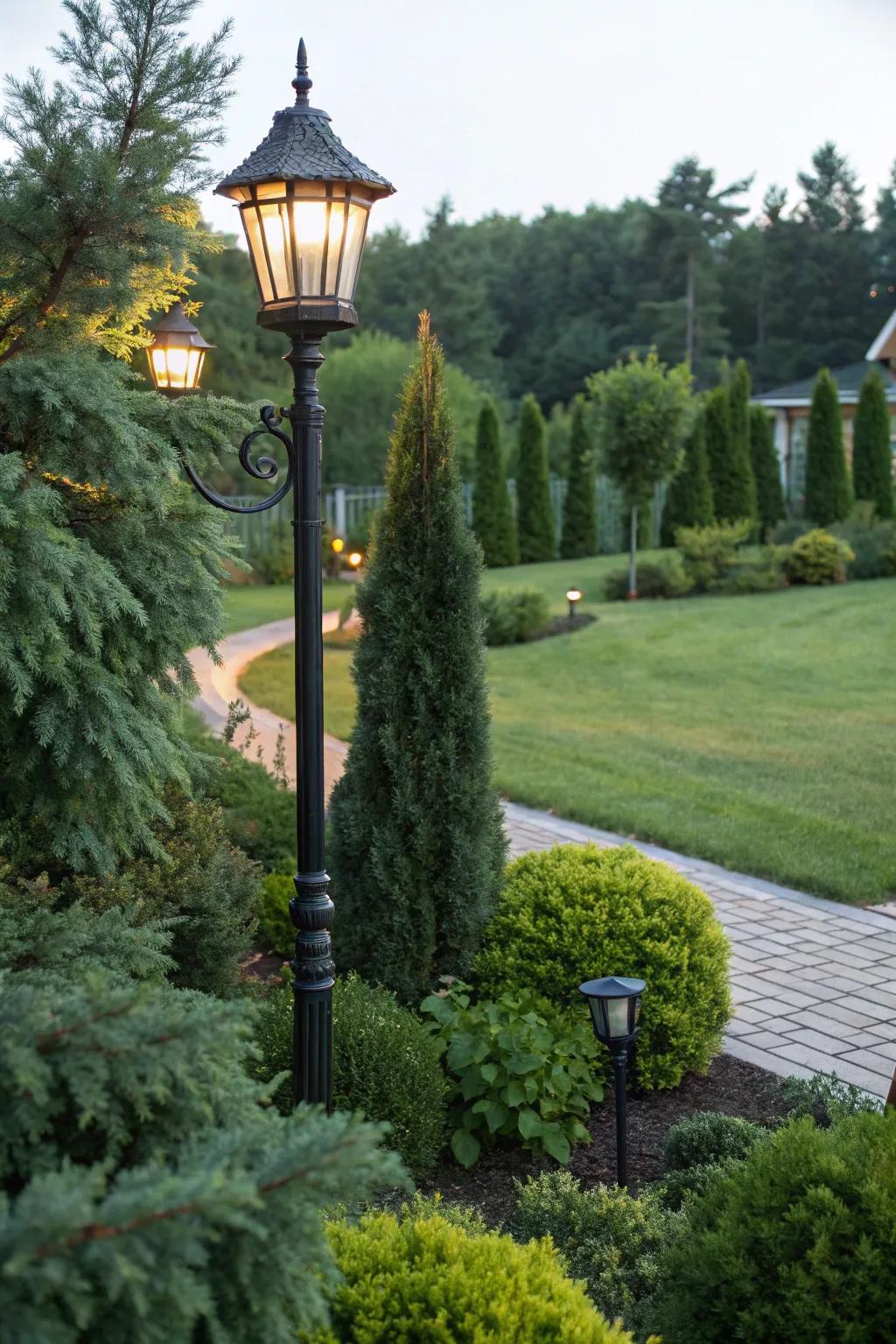Lamppost encircled by evergreen elegance.
