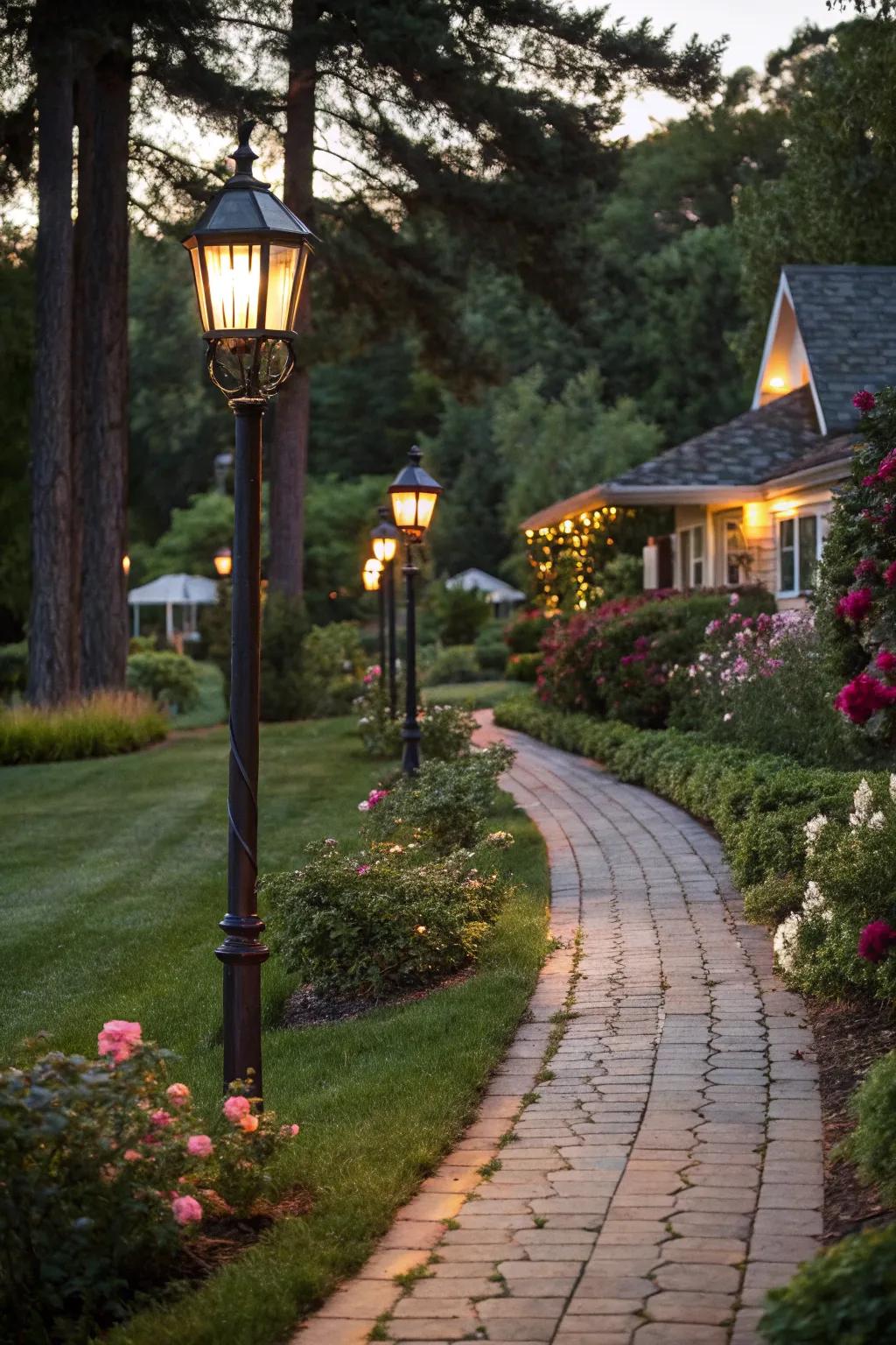 A glowing pathway with strategically placed lampposts.