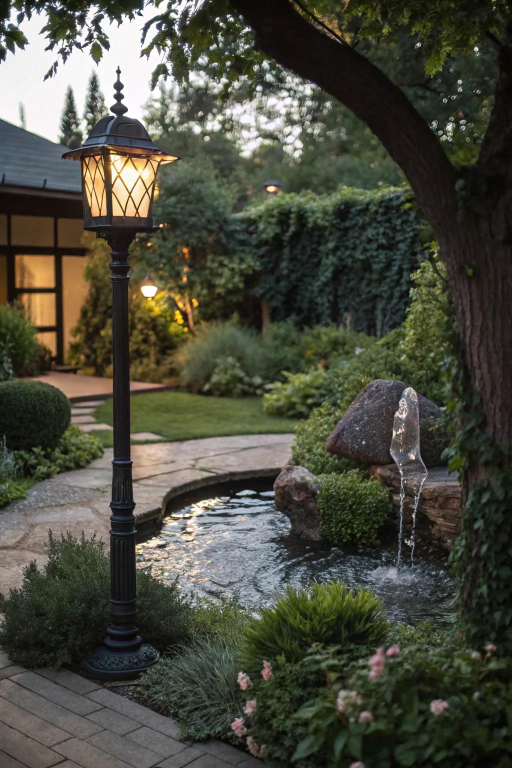 Water features add serenity to lamppost landscaping.