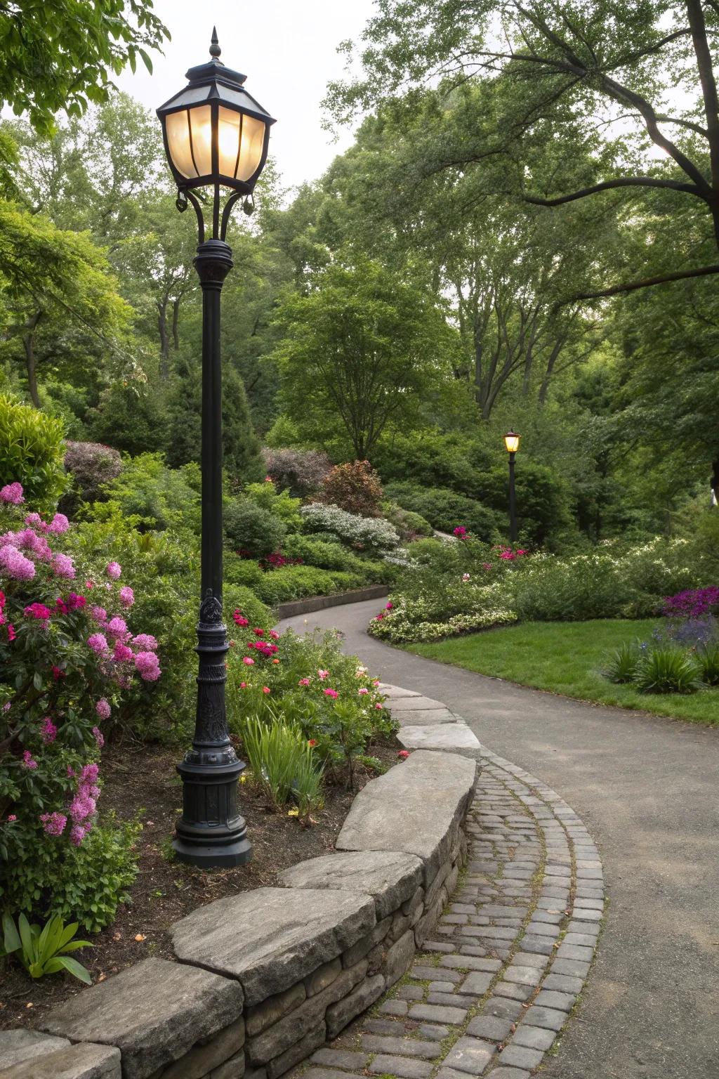 Elegant stone border embracing a lamppost.