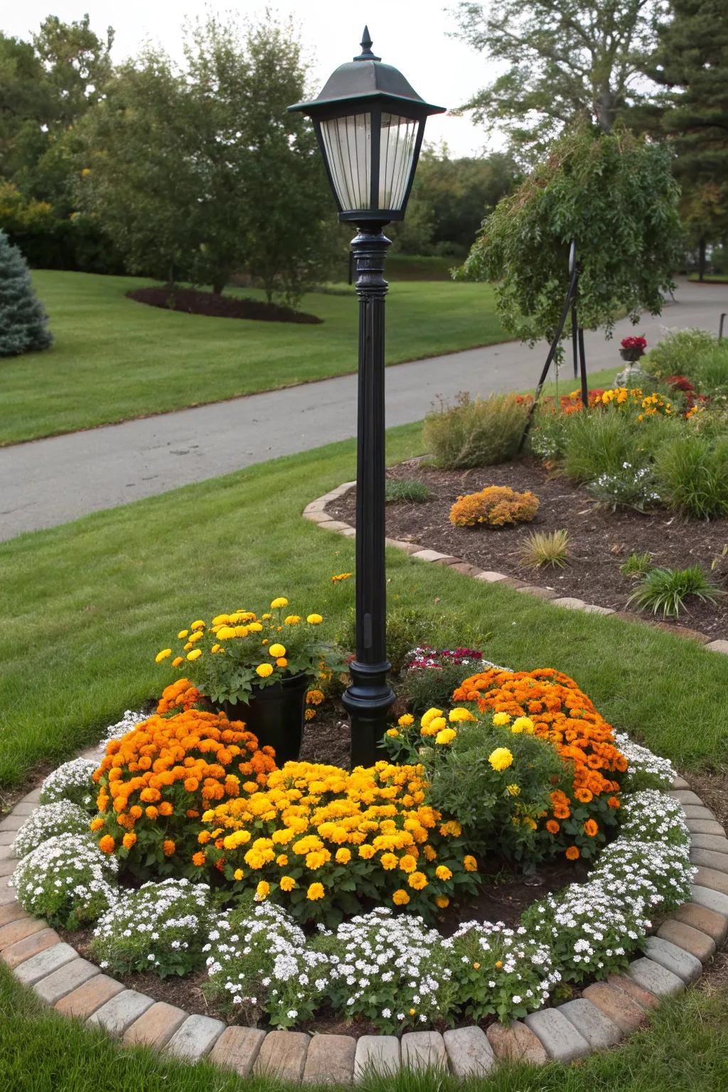 A vibrant flower bed ring around a lamppost.