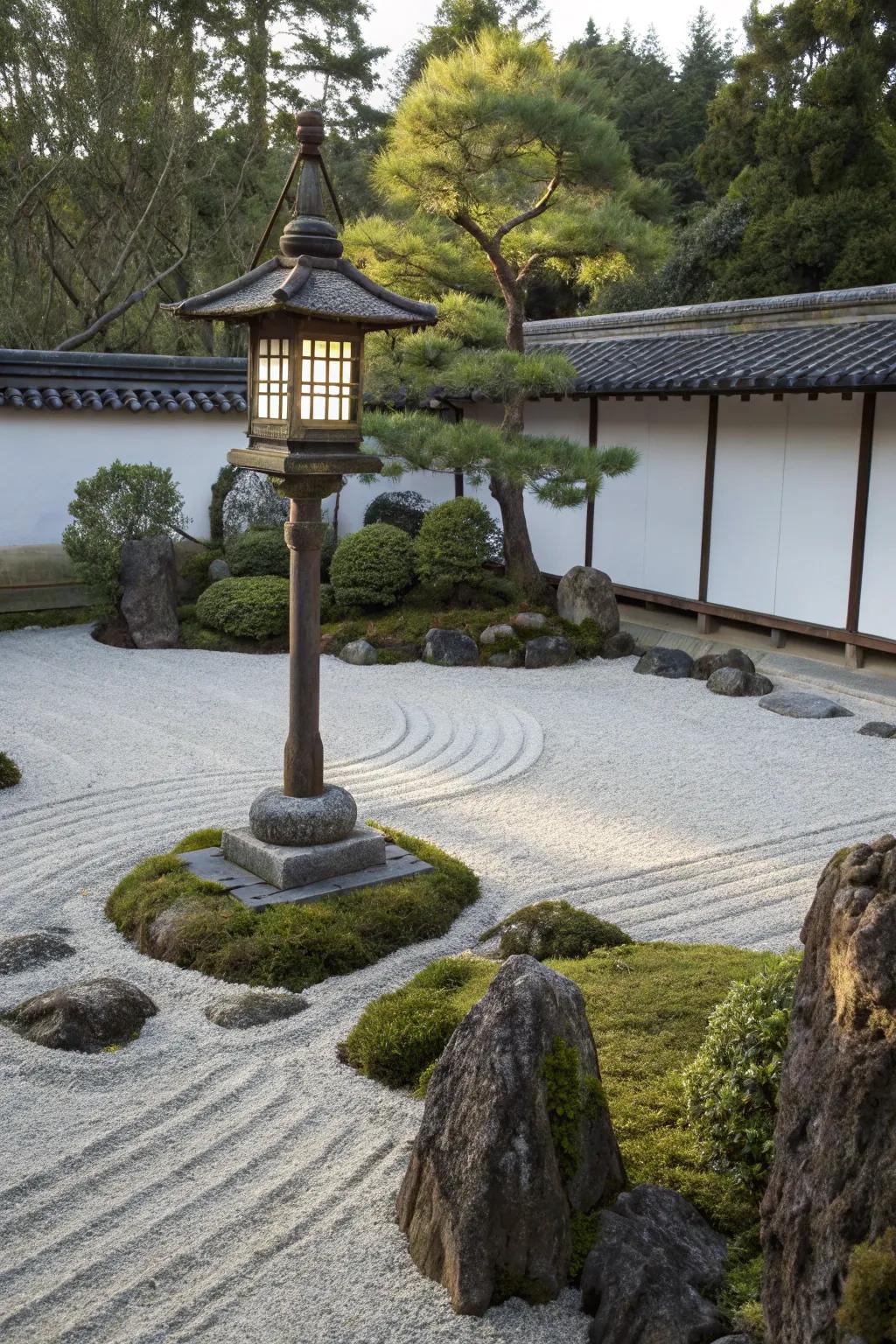 Zen gardens bring tranquility to lamppost landscaping.