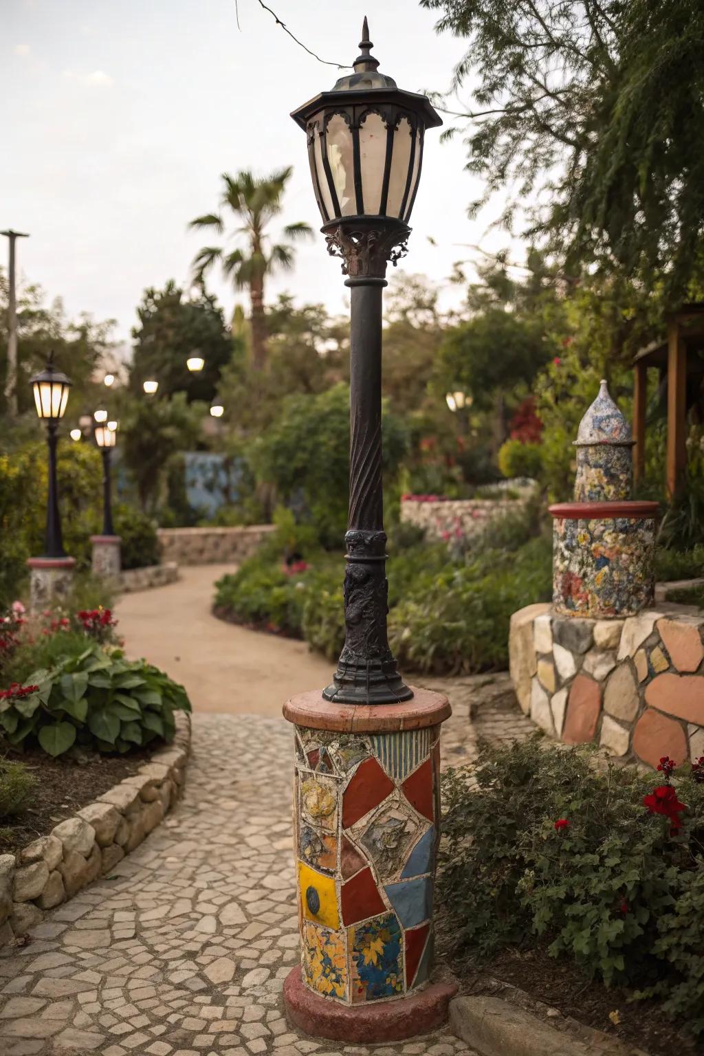 Mosaic patterns add artistic flair to lampposts.
