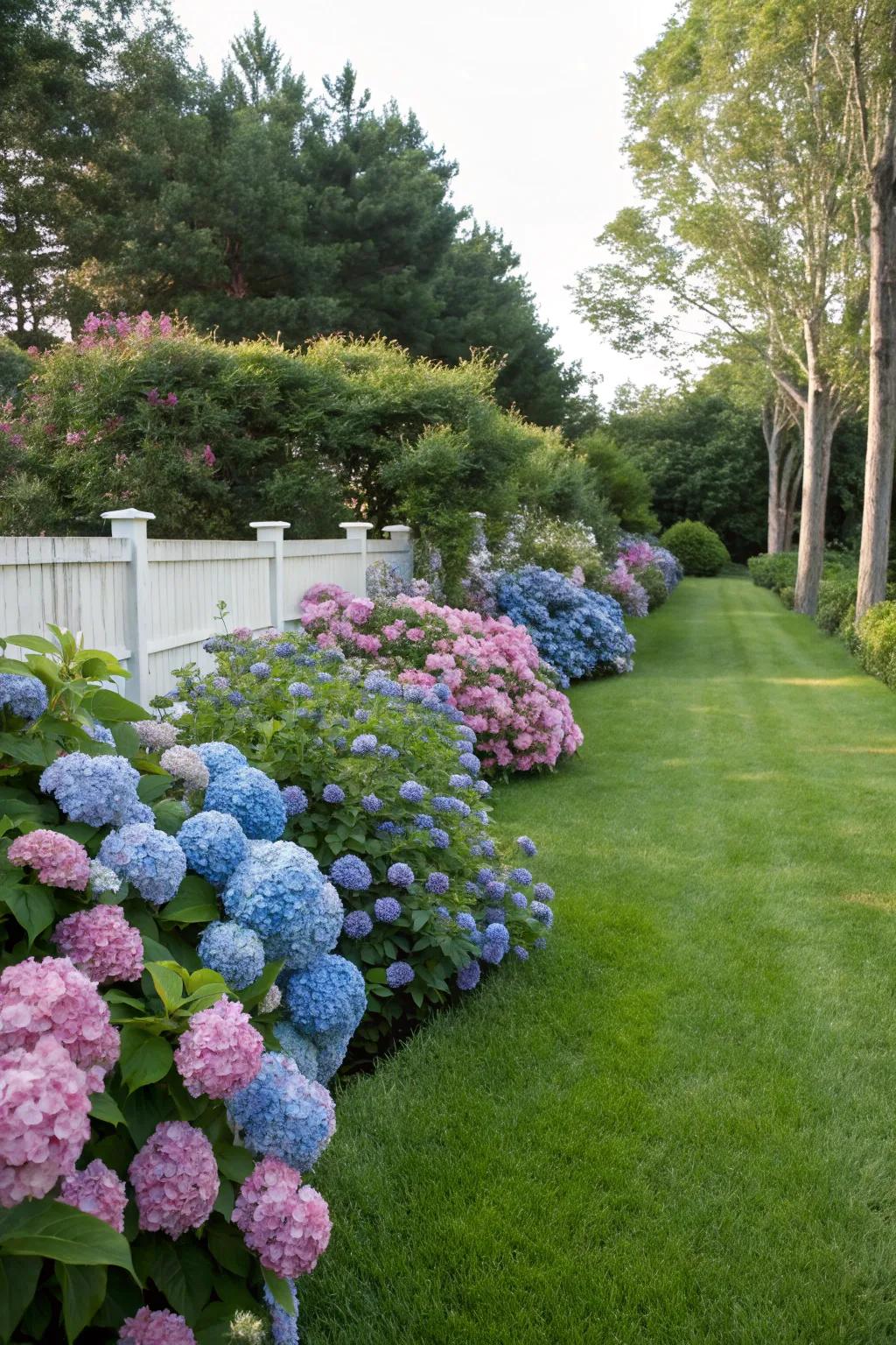 Hydrangeas and a lush lawn create a timeless garden look.