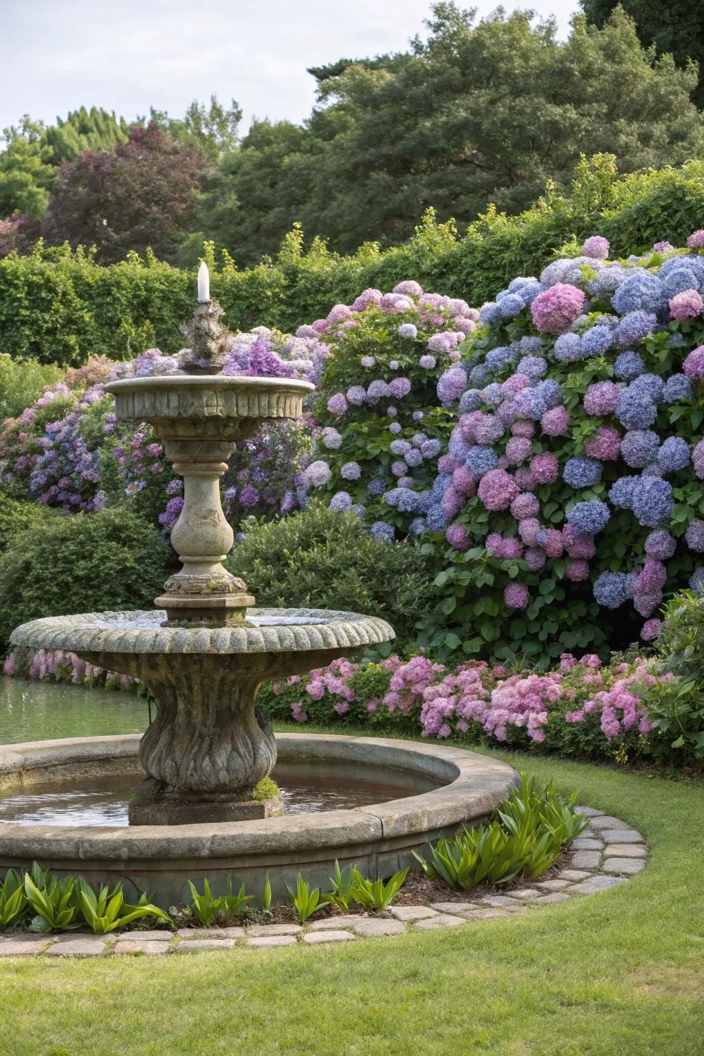 Hydrangeas make a perfect backdrop for garden features.