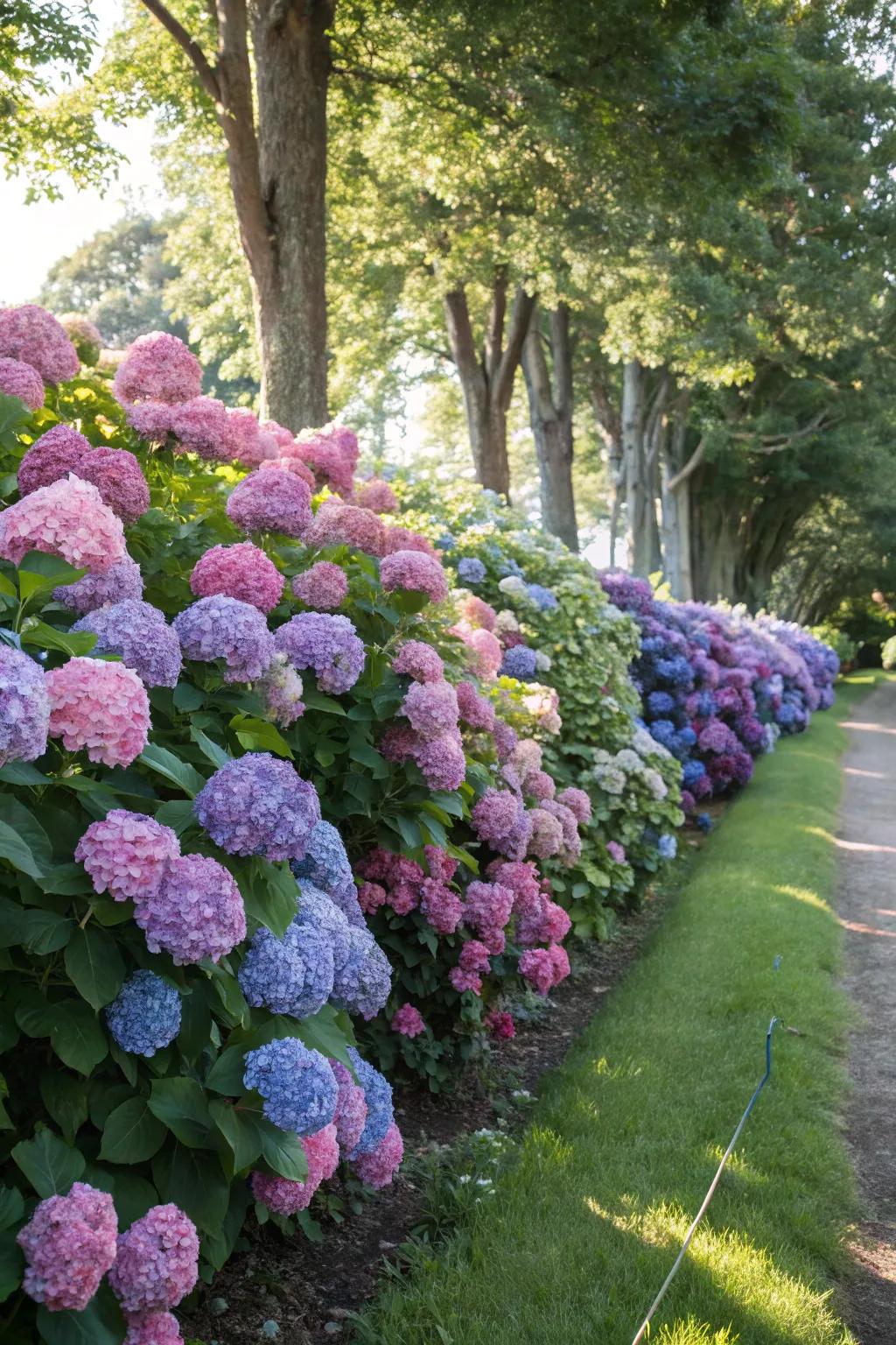 Bigleaf hydrangeas create a classic and vibrant hedge.