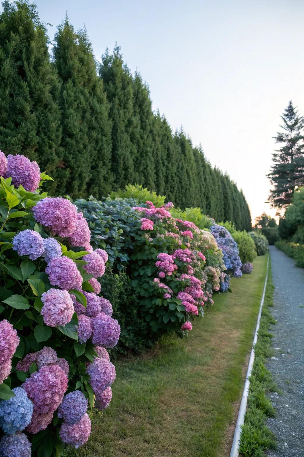 A green backdrop enhances the vibrant colors of hydrangeas.