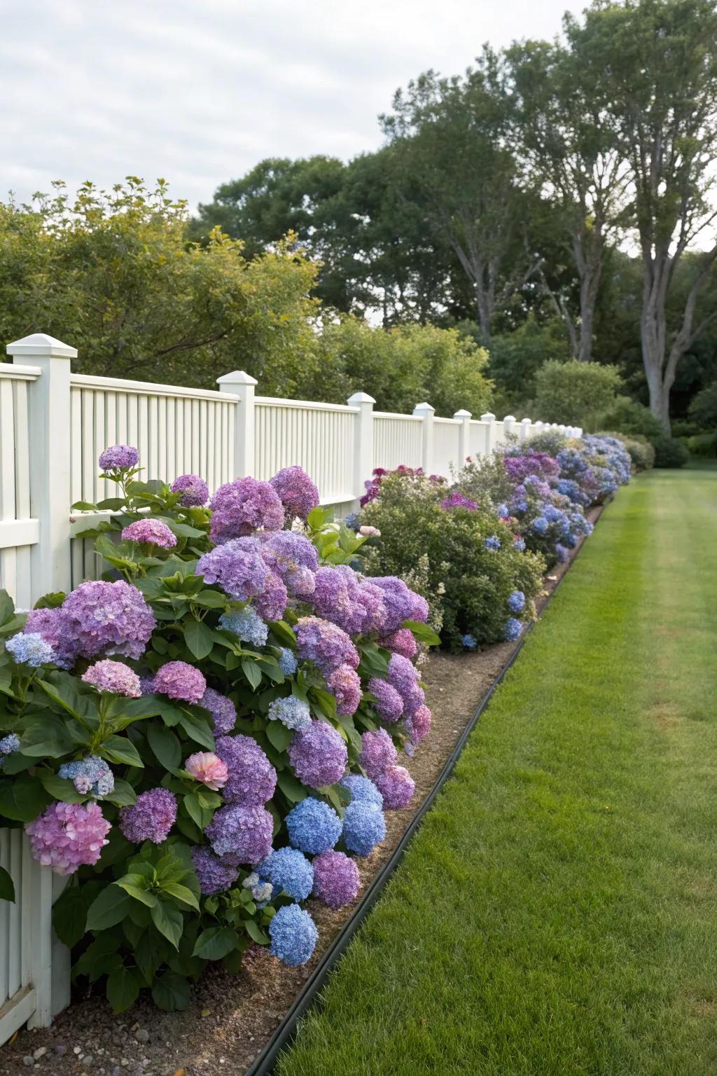 Hydrangeas along the fence add elegance to property lines.