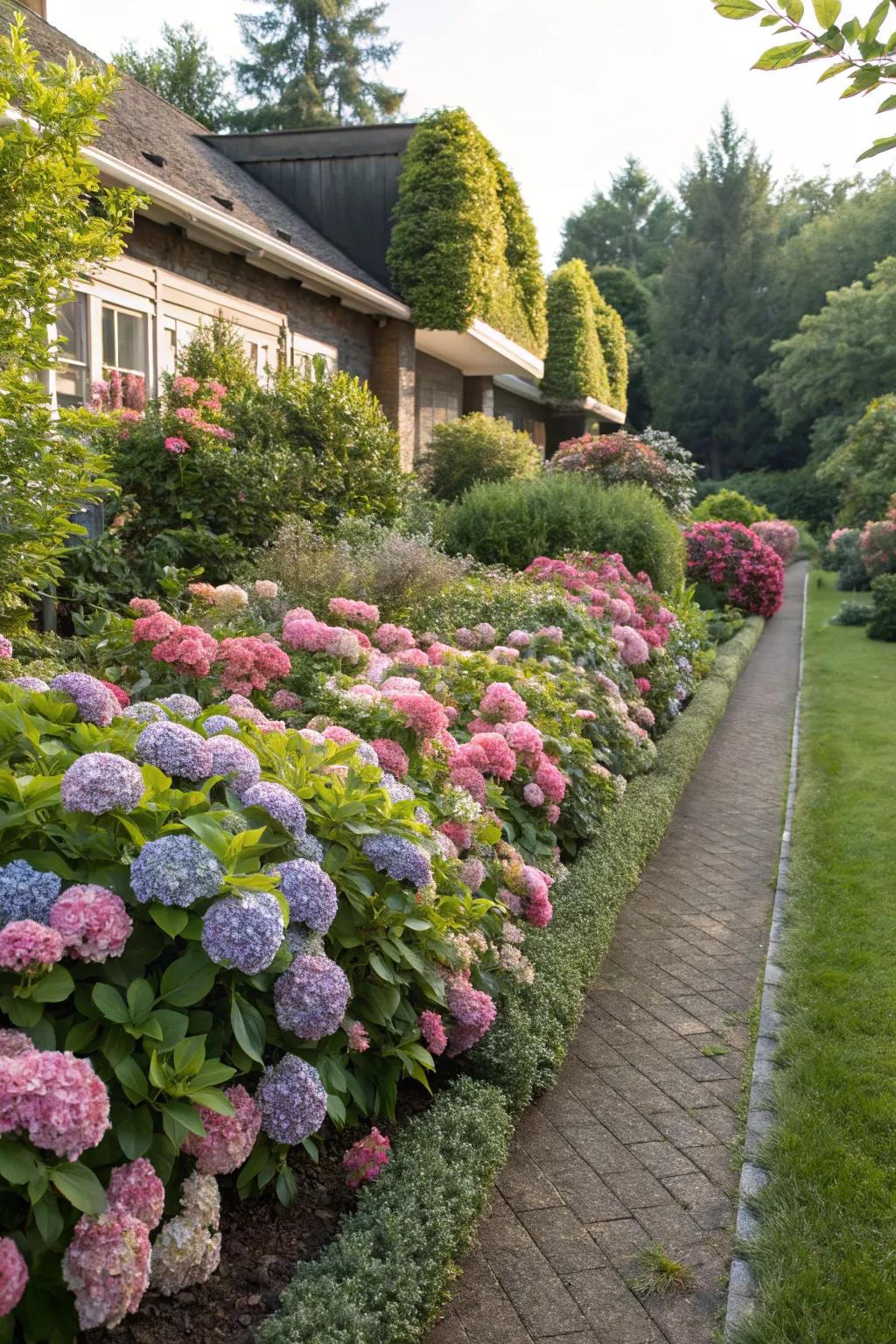 Low hydrangea hedges define spaces without blocking views.