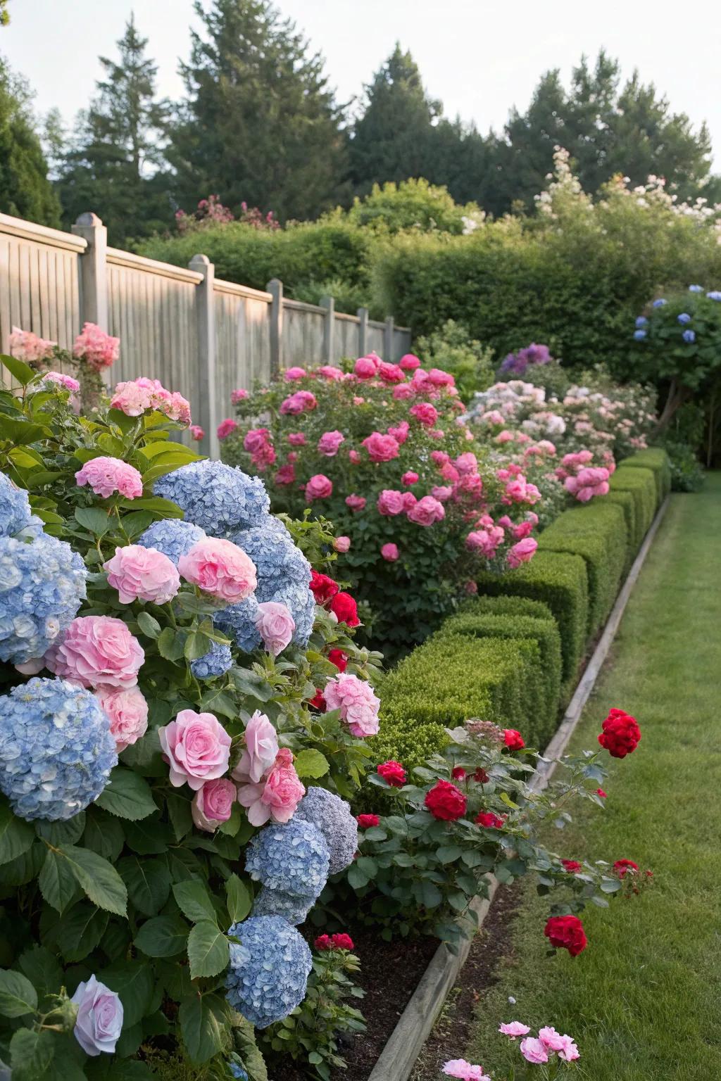 Hydrangeas and roses together create a dreamy garden landscape.