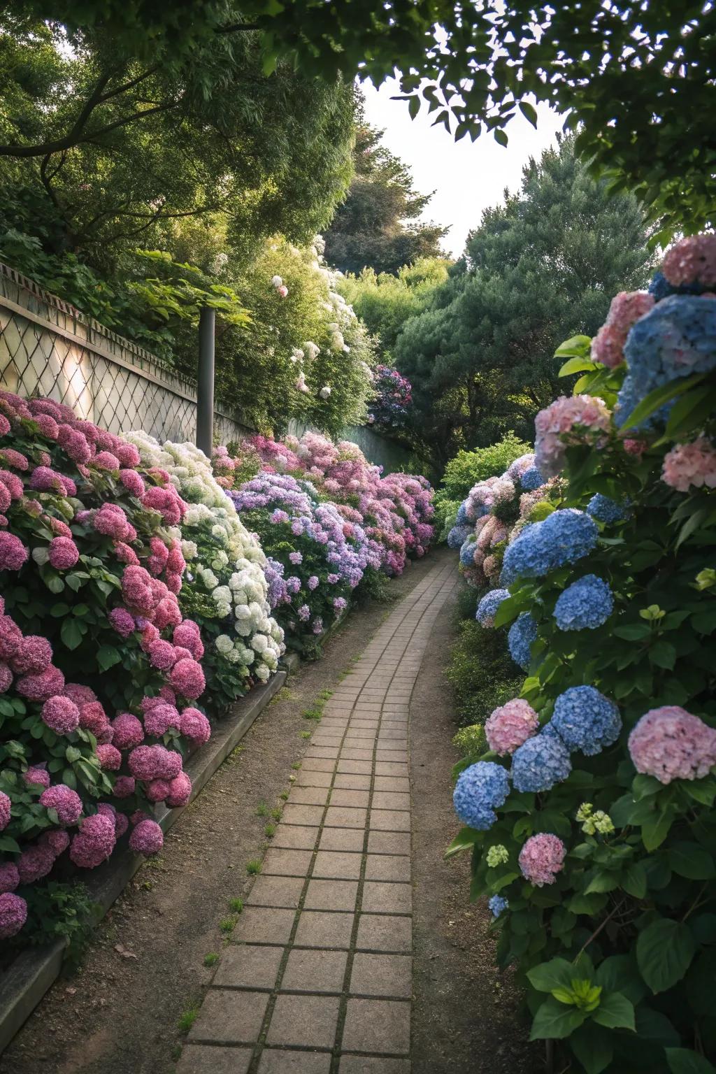 Hydrangea hedges make pathways an enchanting journey.