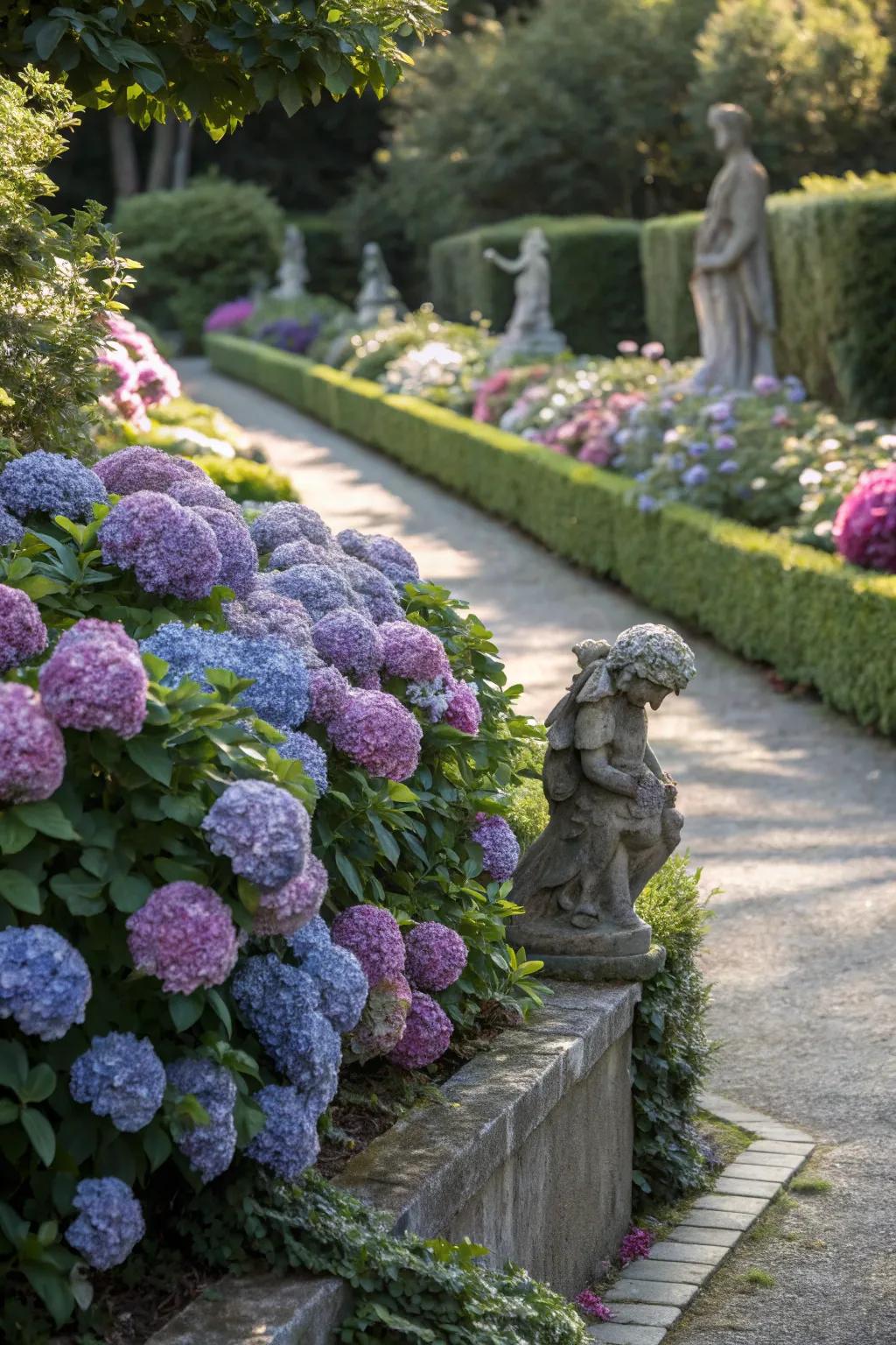Adding sculptures to a hydrangea hedge creates a unique focal point.