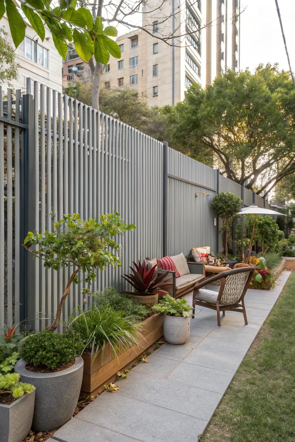 Create the illusion of space with a vertical aluminum slat fence.
