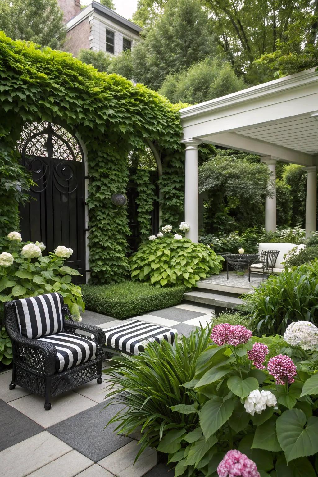 Vibrant greenery set against a chic black and white backdrop.