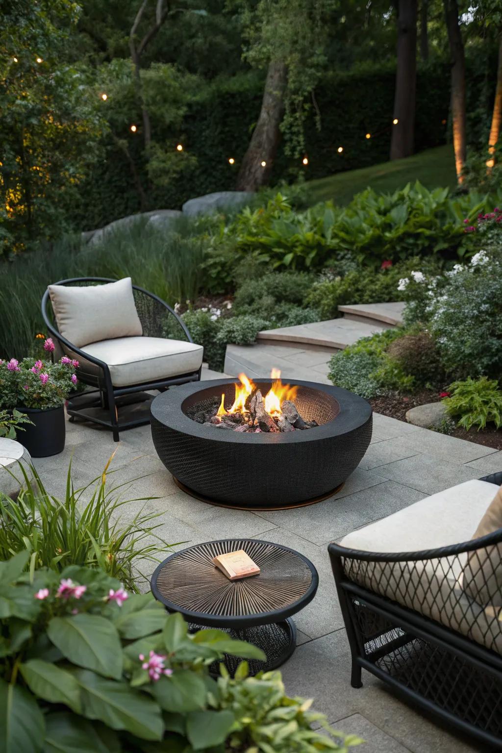 A modern fire pit that adds warmth and style to the garden.