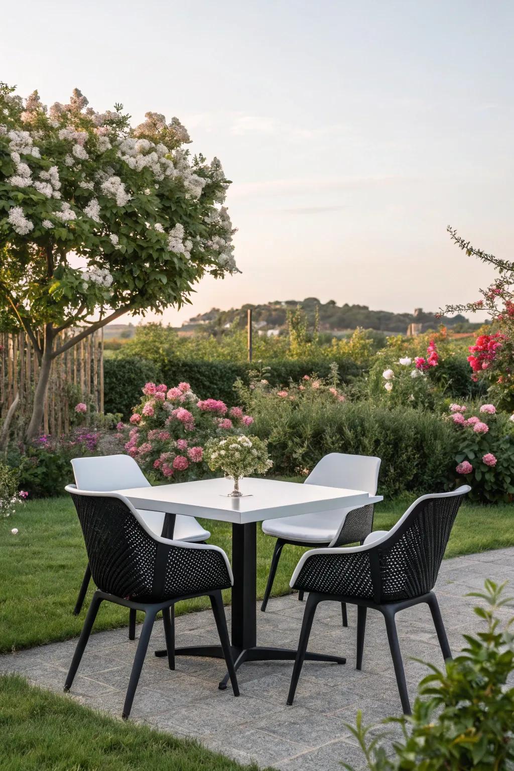 Modern furniture adding a chic touch to the garden.