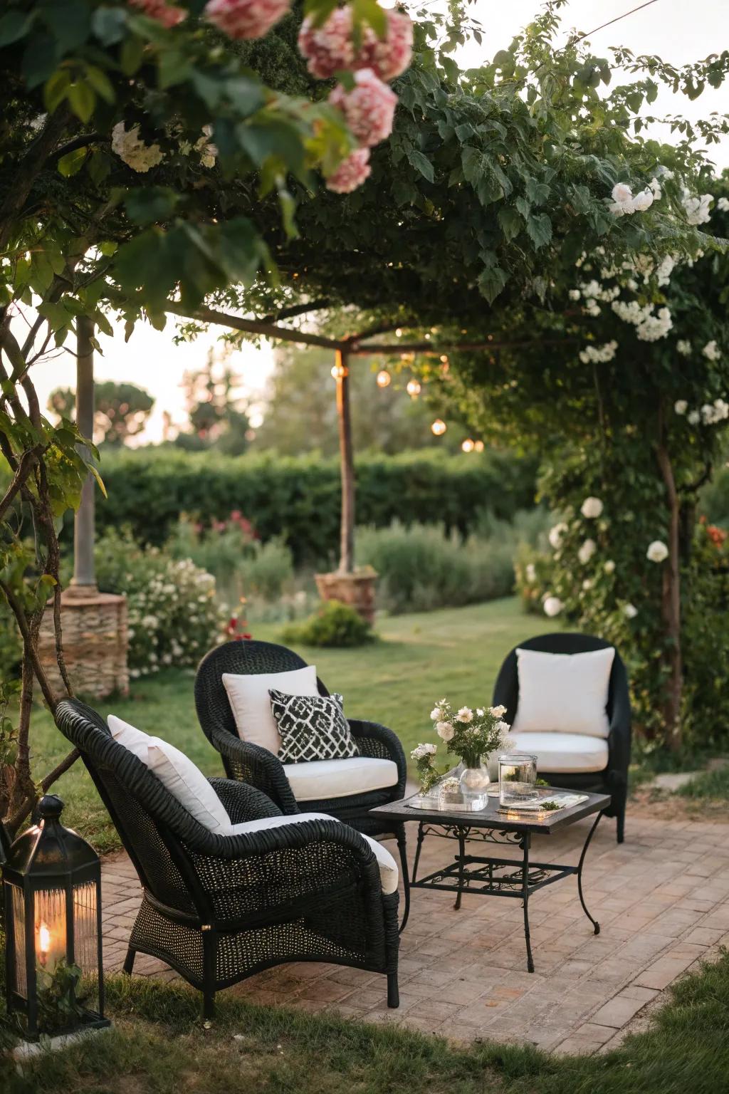 Comfortable seating with chic black and white cushions.