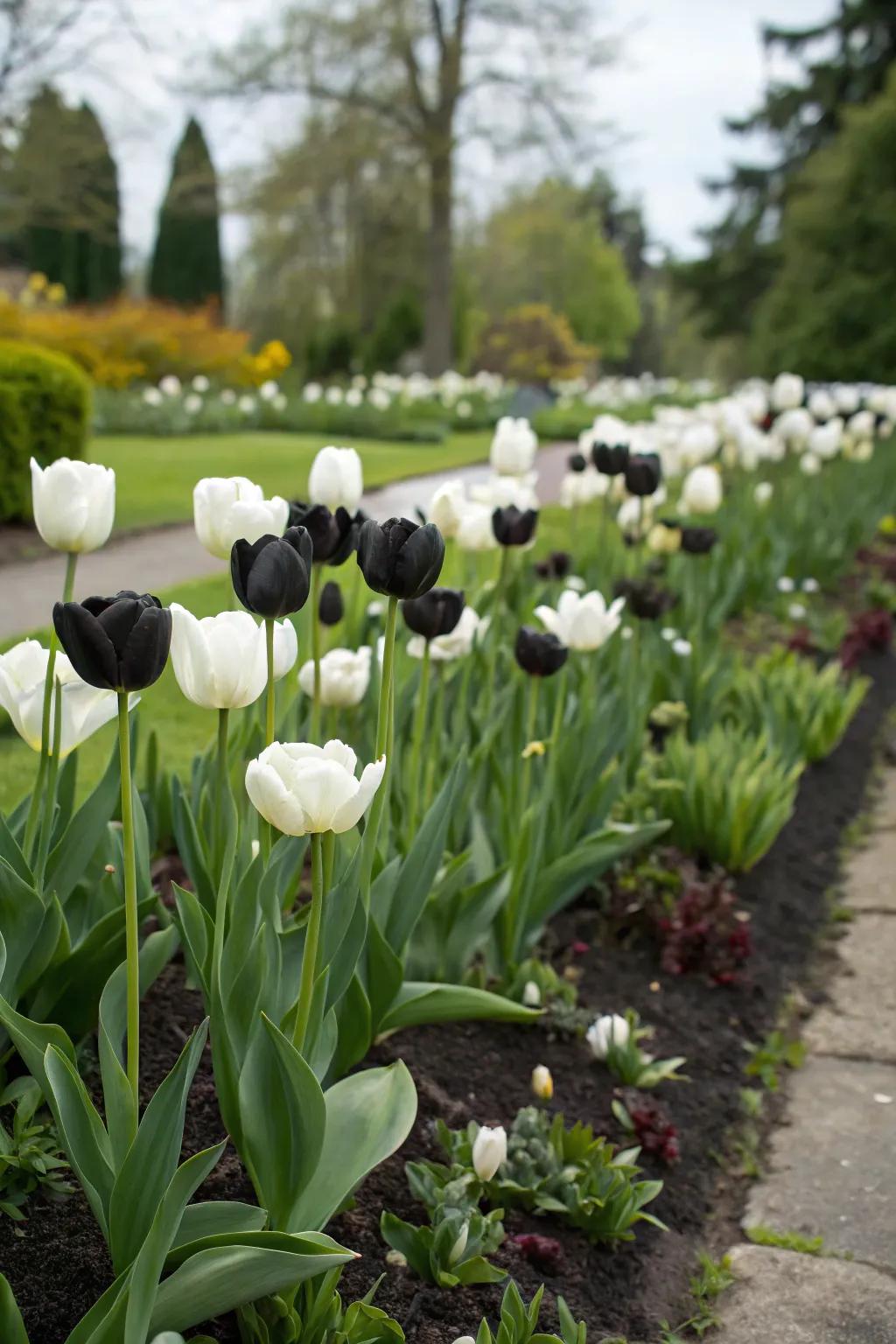 A striking display of black and white tulips in bloom.