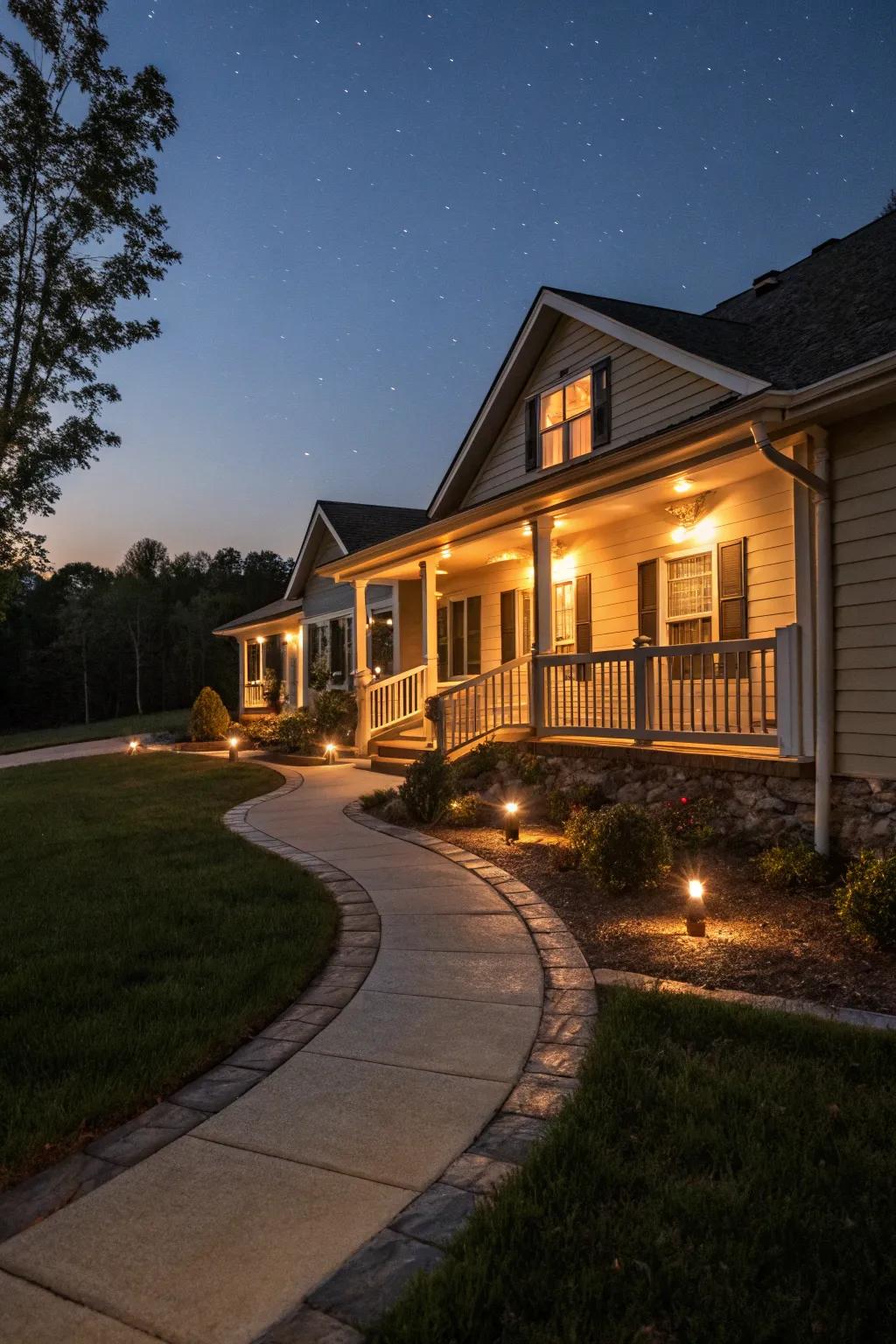 Solar lighting enhances the ambiance and highlights features.