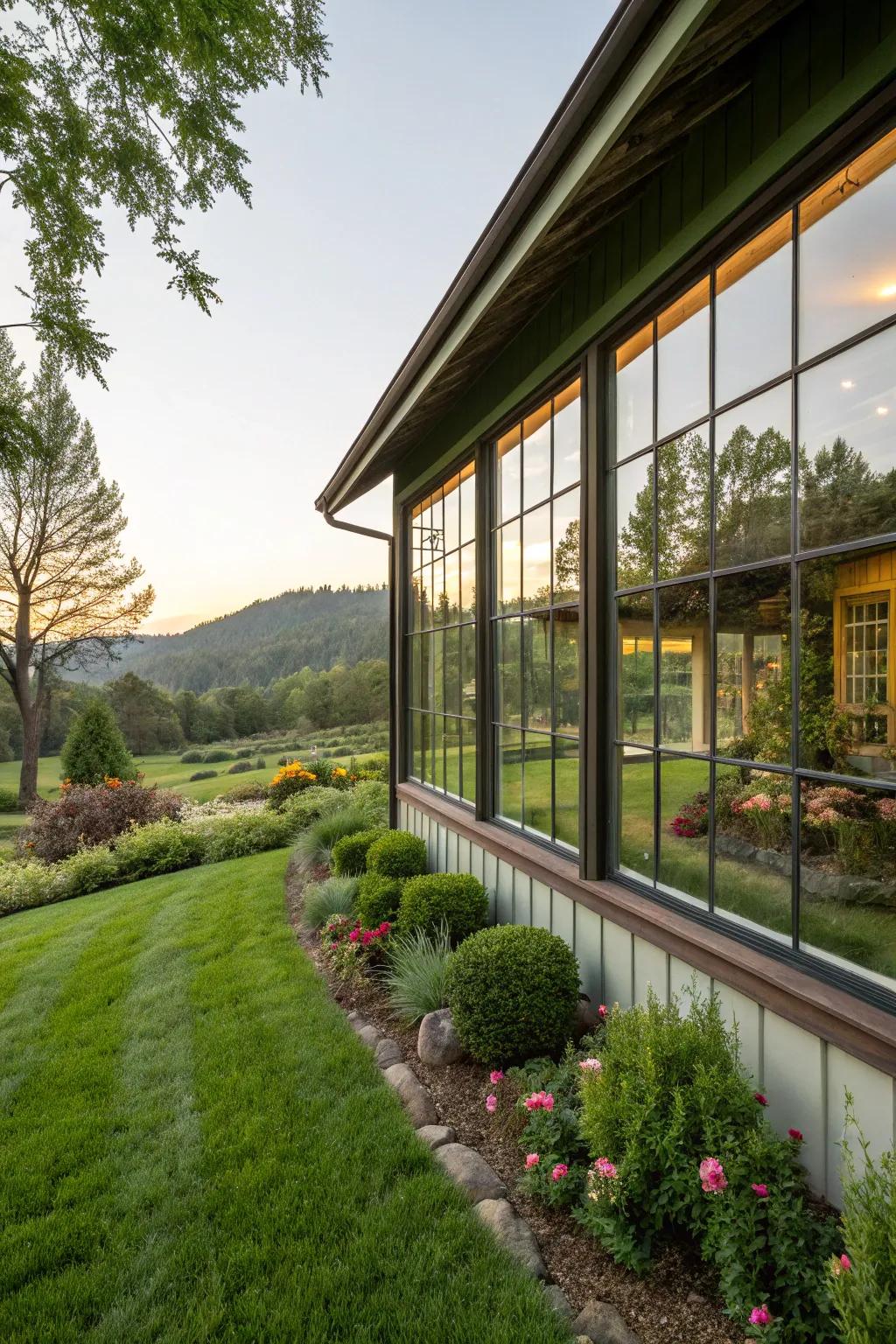 Large windows bring the outside in, creating a bright and airy space.