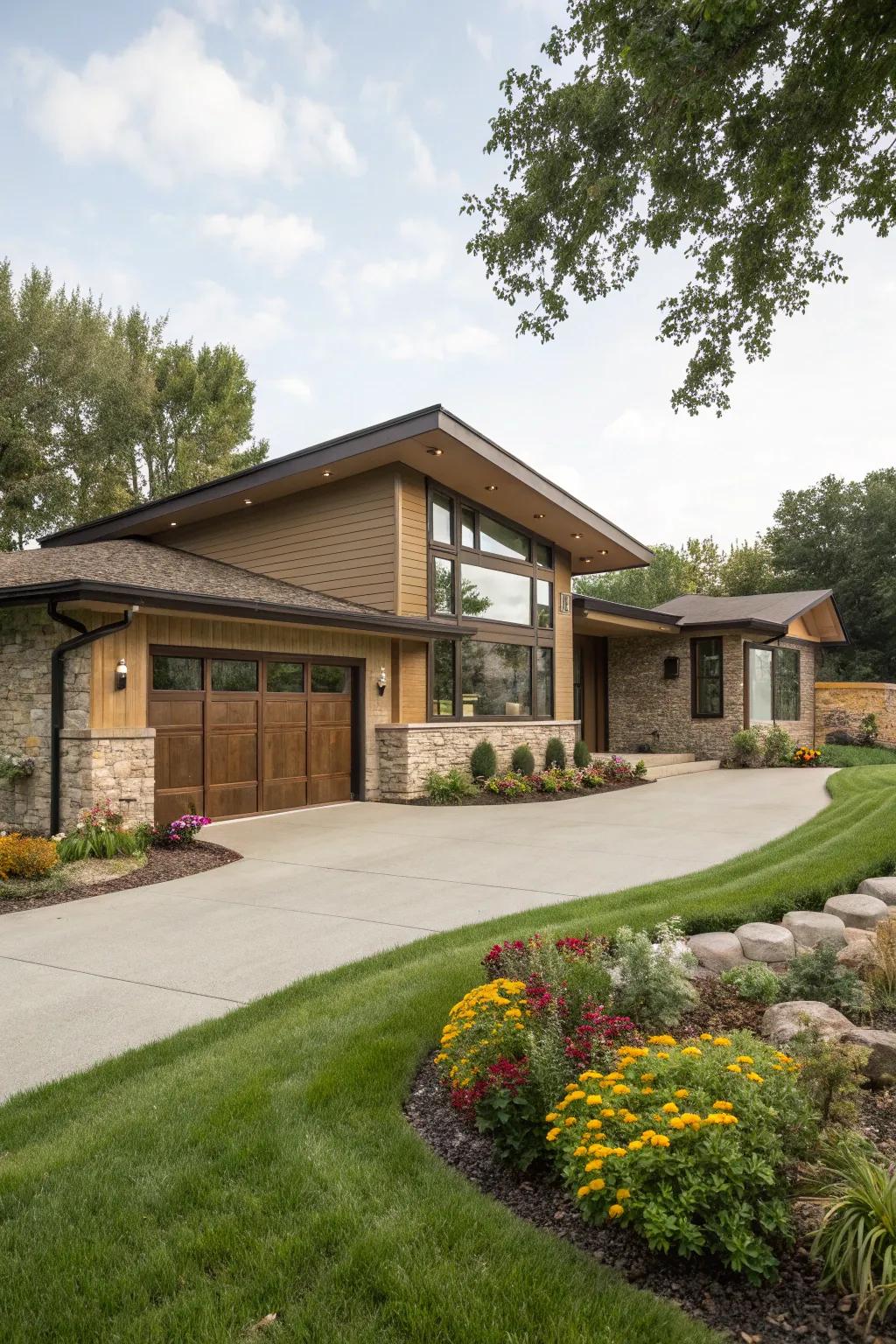 Garage integration offers a cohesive and unified exterior.