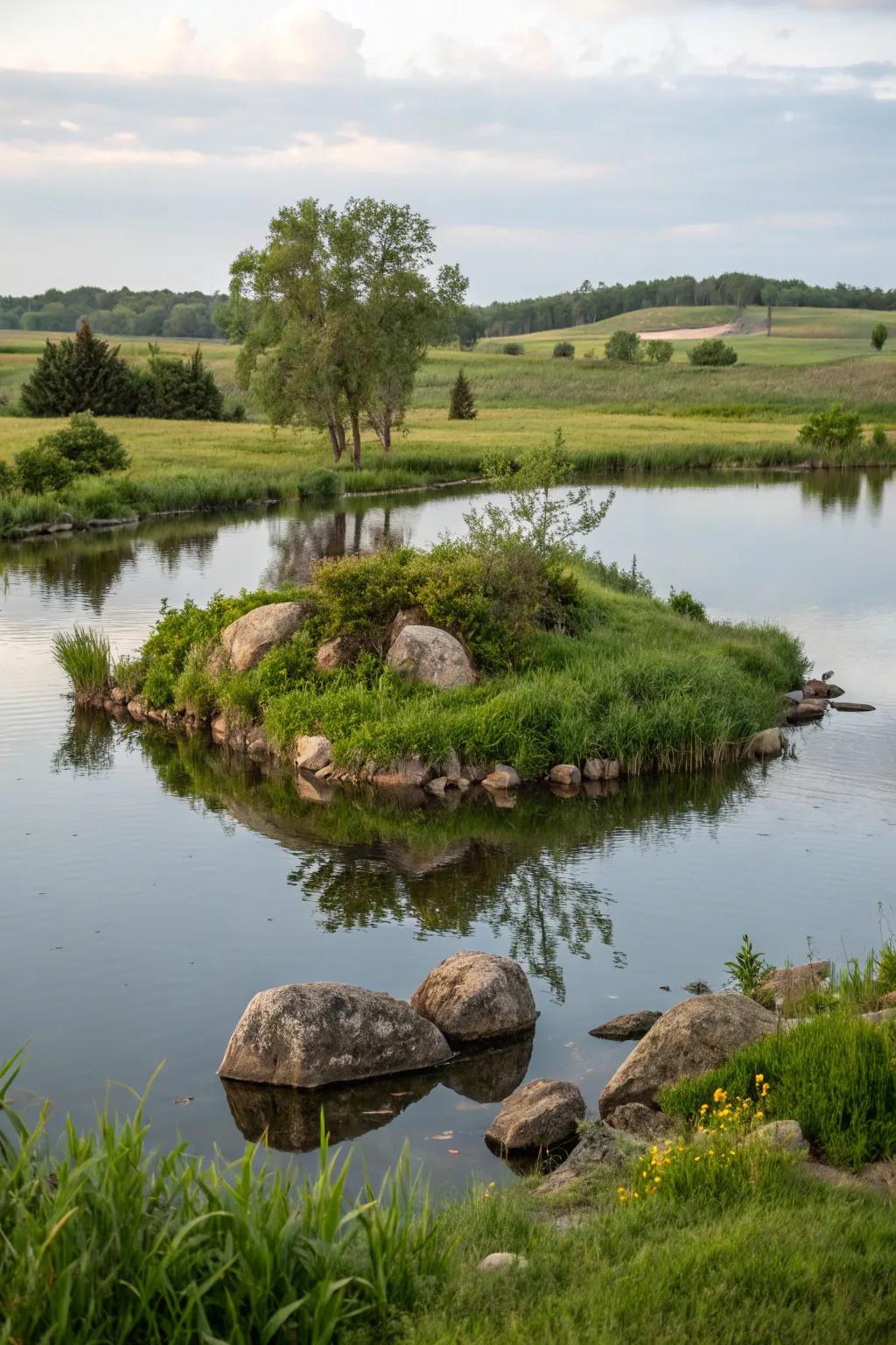 A small island provides a unique focal point and wildlife refuge in the pond.