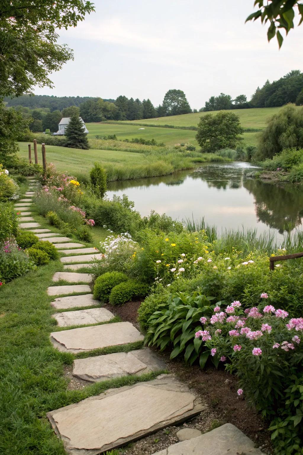 A scenic pathway adds charm and functionality to the pond area.
