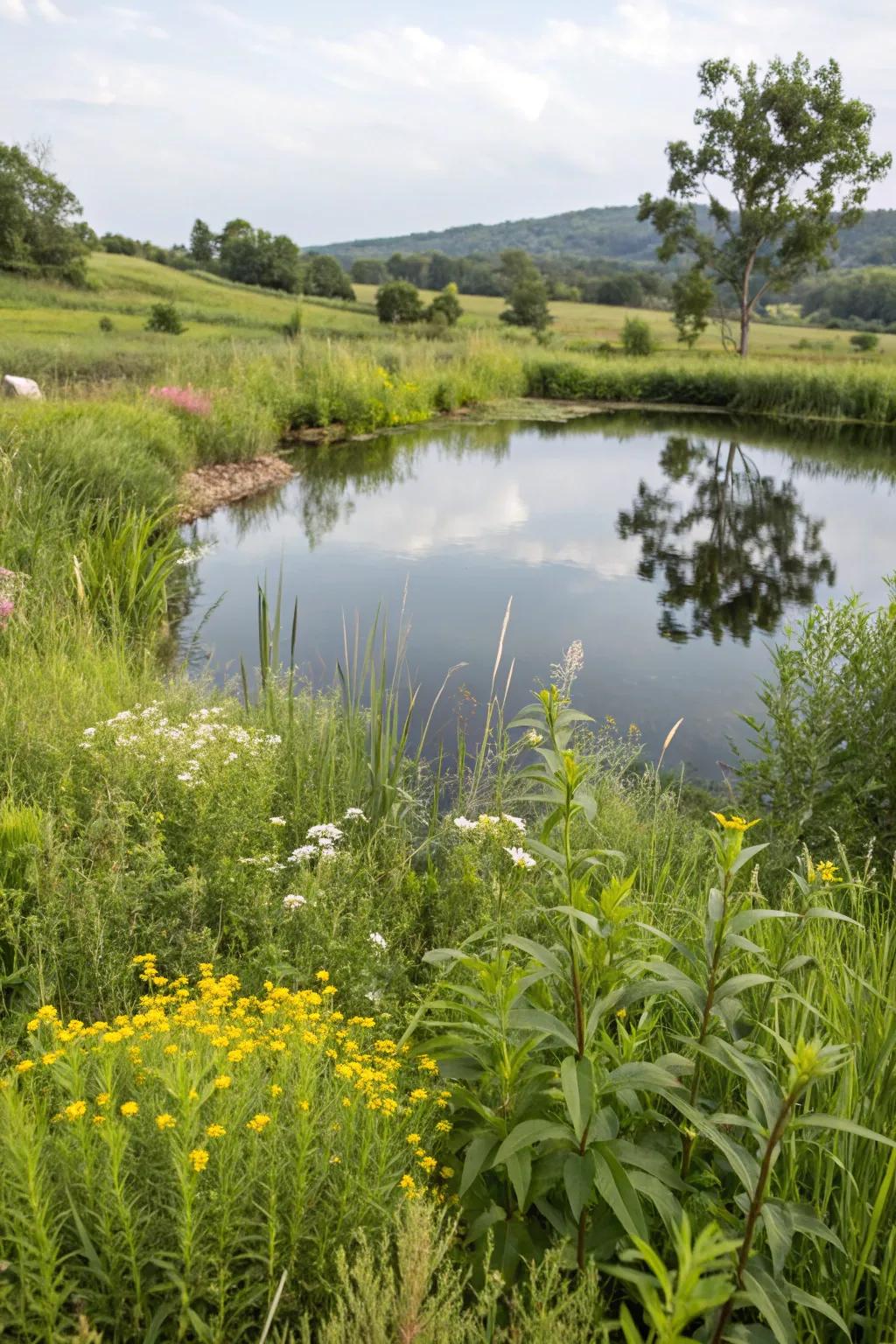 Native plants provide a vibrant and wildlife-friendly border around the pond.