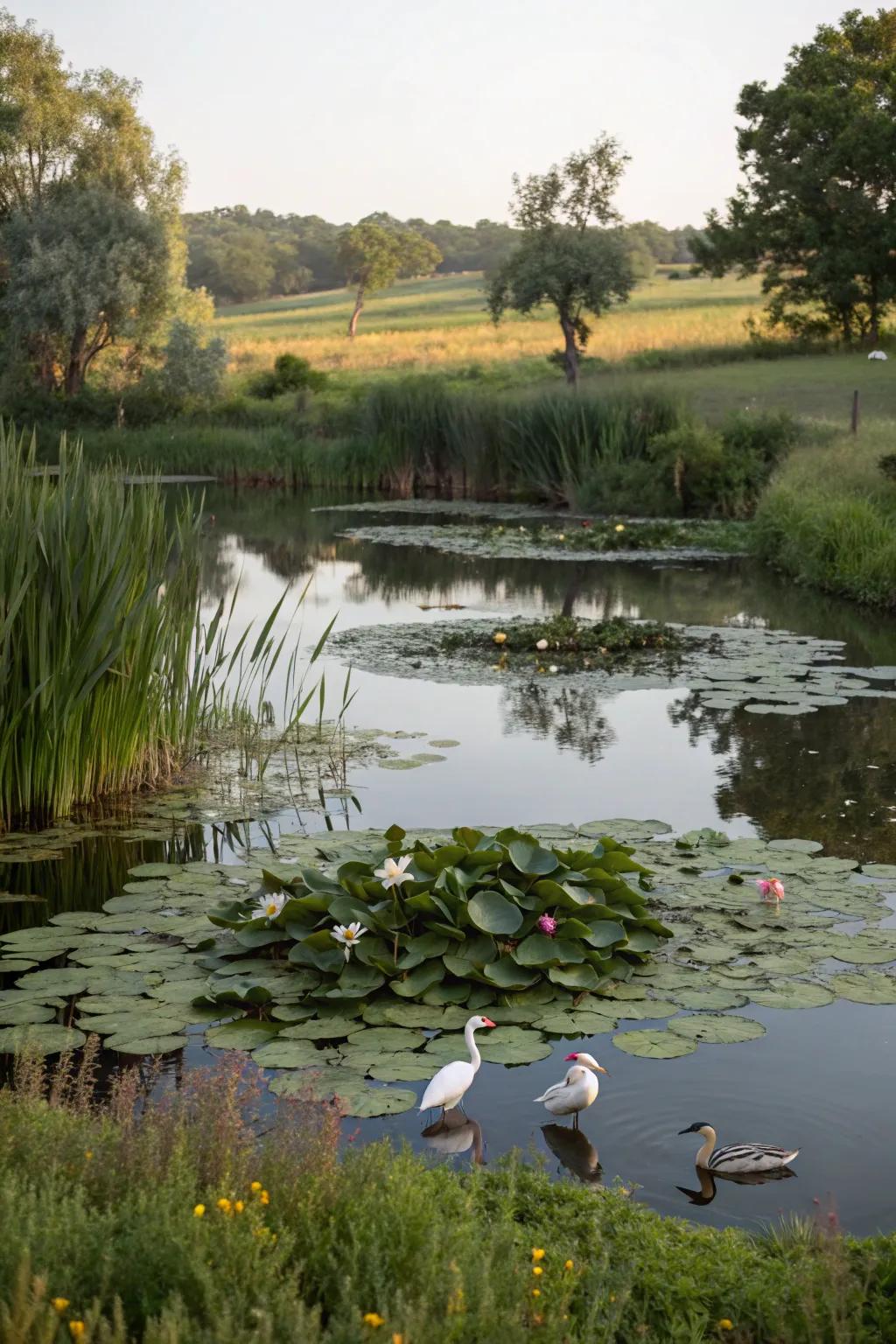 Aquatic plants encourage diverse wildlife to visit the pond.
