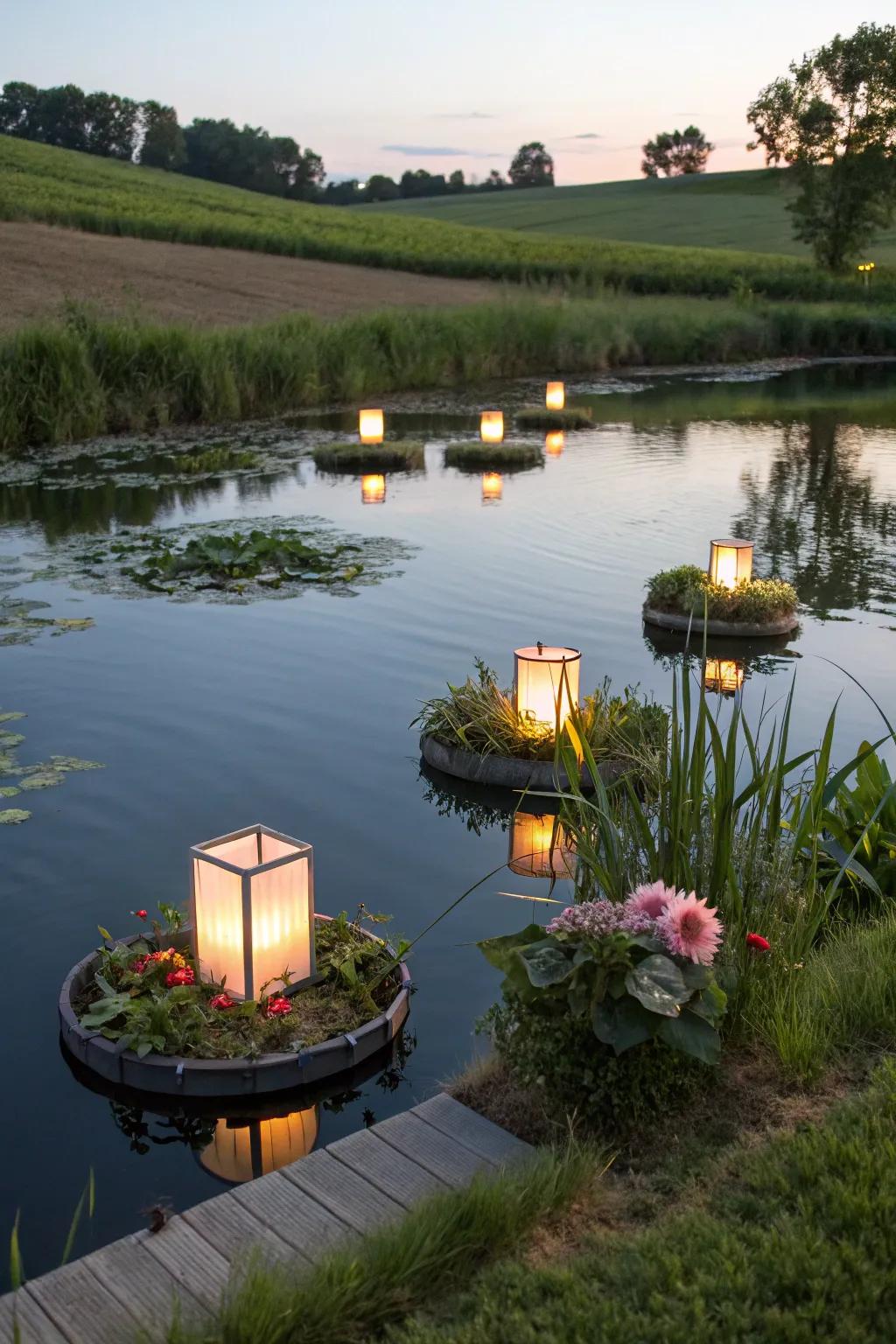 Floating decorations add a whimsical and playful touch to the pond.
