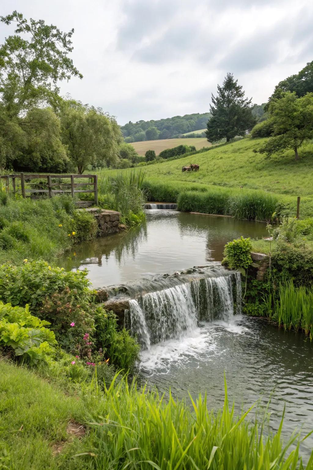 A calming waterfall adds both visual and auditory appeal to a farm pond.