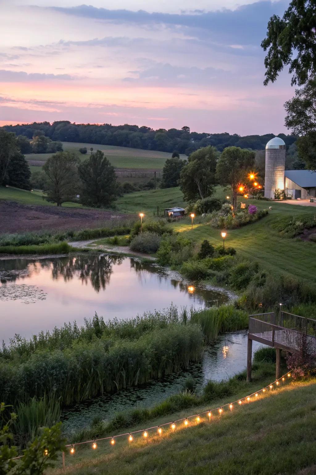 Soft lighting creates a magical atmosphere around the pond at night.