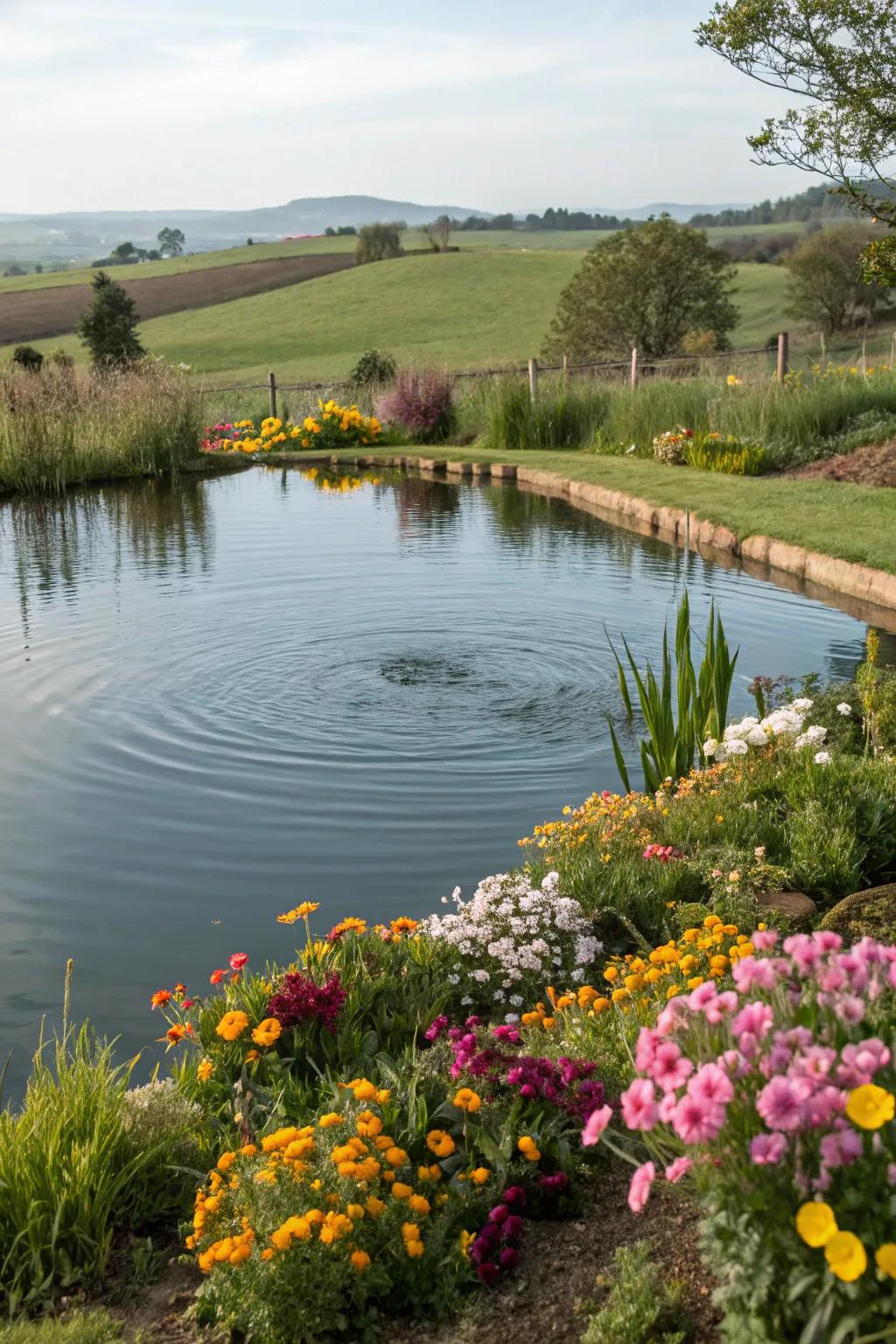 Seasonal blooms ensure the pond area is lively and colorful throughout the year.